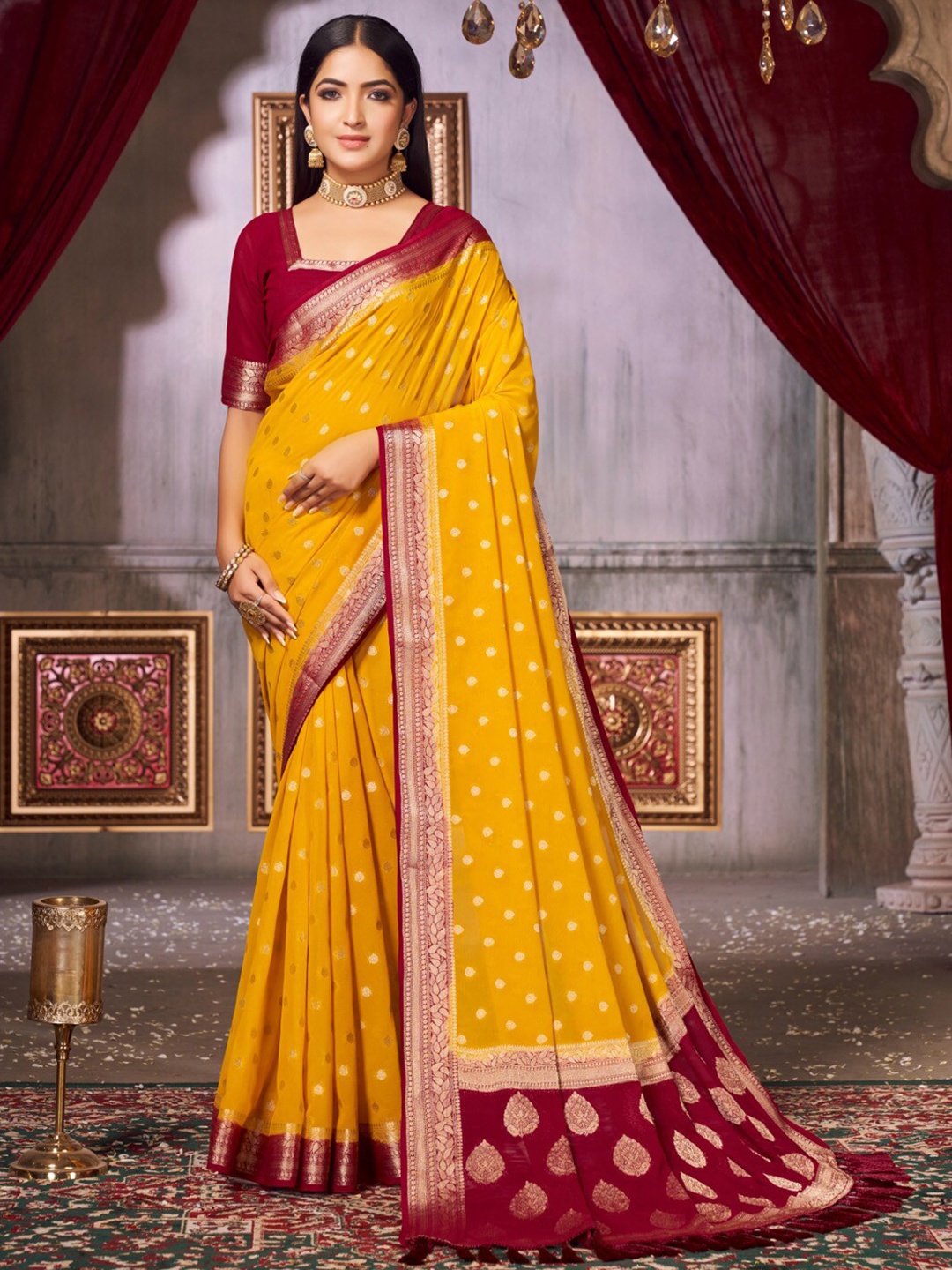 

Anouk Ethnic Motifs Zari Pure Georgette Kanjeevaram Saree, Yellow
