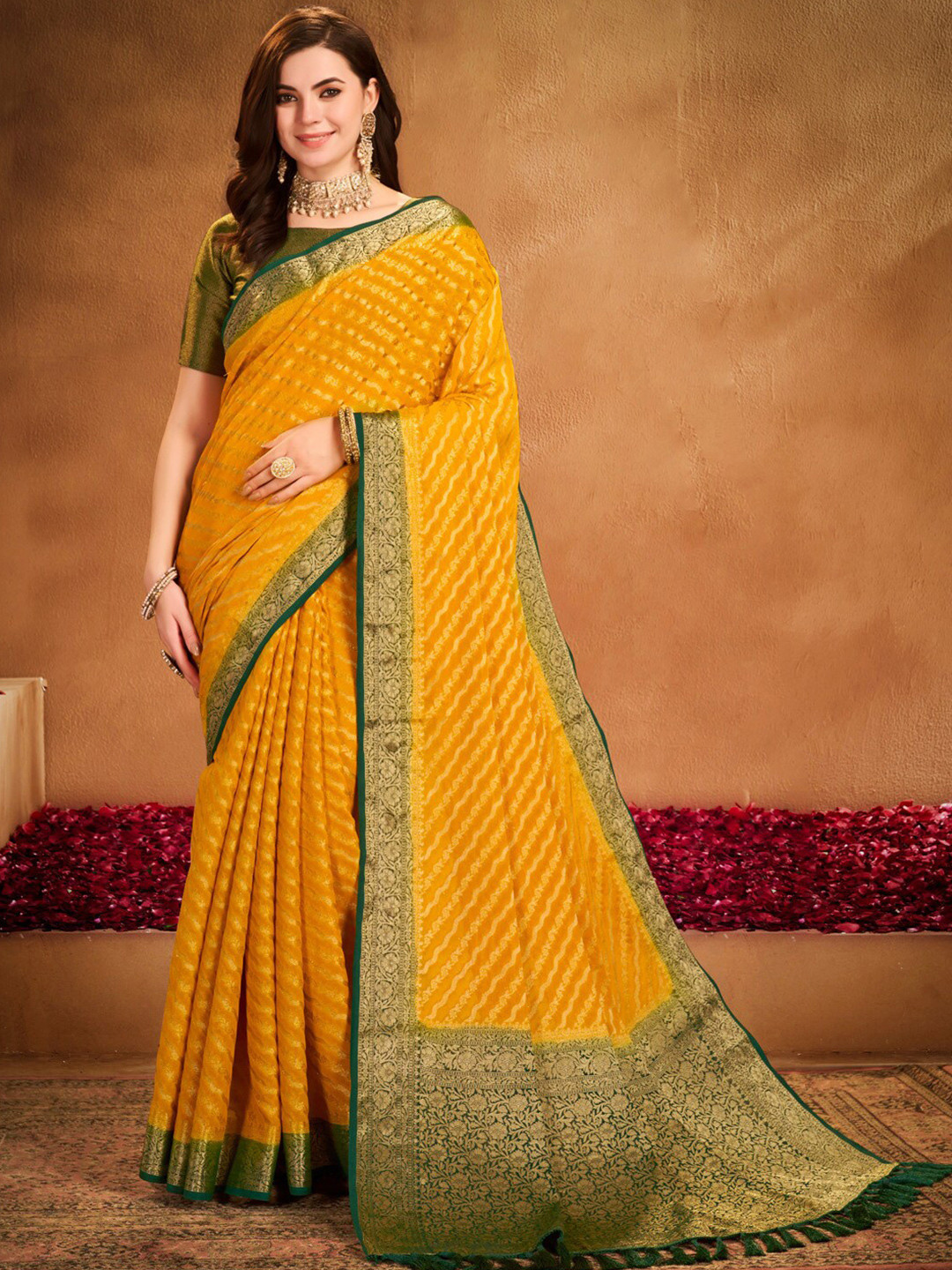 

Anouk Woven Design Zari Pure Georgette Kanjeevaram Saree, Yellow