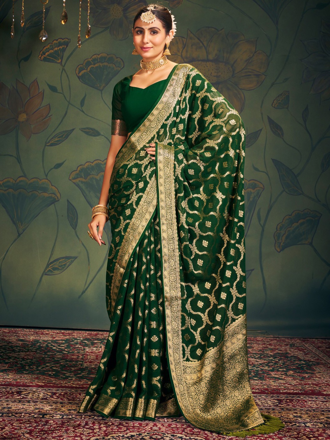

Anouk Ethnic Motifs Zari Pure Georgette Kanjeevaram Saree, Green