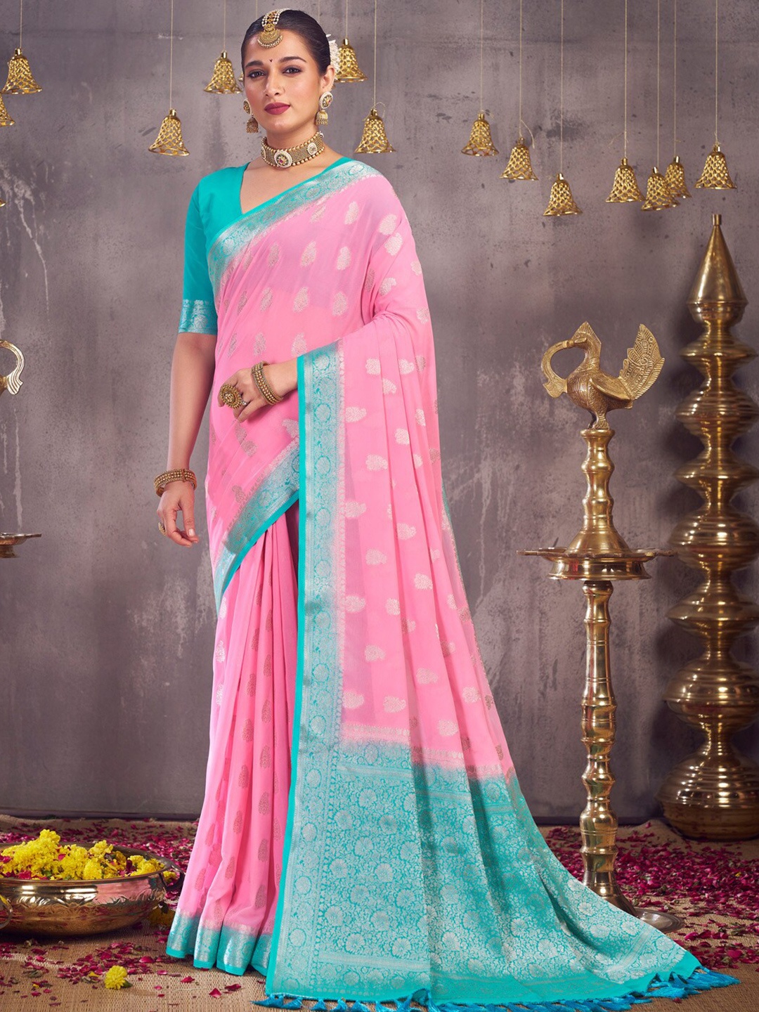 

Anouk Ethnic Motifs Zari Pure Georgette Kanjeevaram Saree, Pink