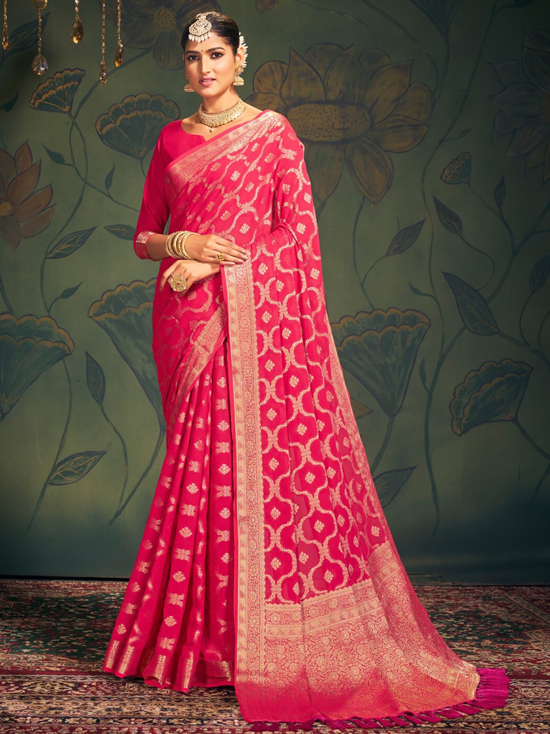 

Anouk Ethnic Motifs Zari Pure Georgette Kanjeevaram Saree, Pink