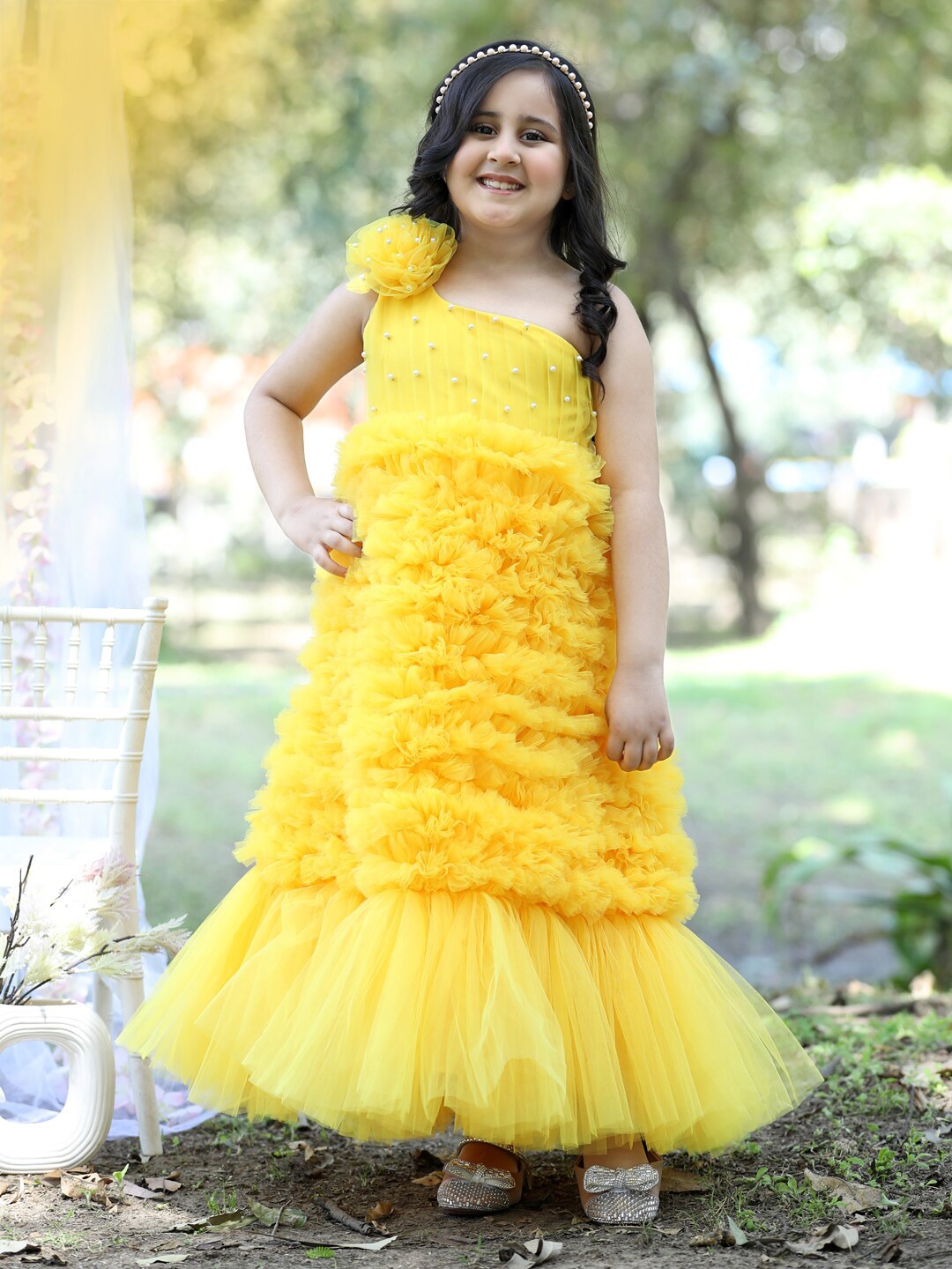 

Stuffie Land Girls Self Design Embellished One Shoulder Net Drop-Waist Maxi Dress, Yellow