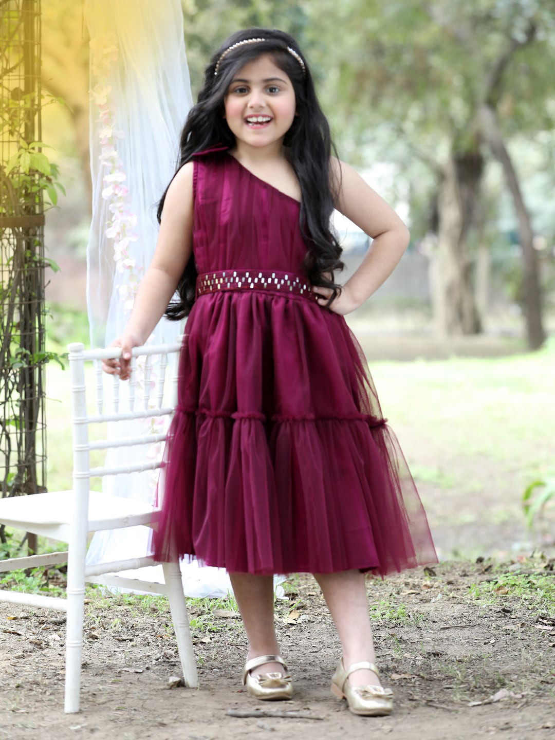 

Stuffie Land Girls One Shoulder Tiered Net Fit & Flare Midi Dress, Burgundy