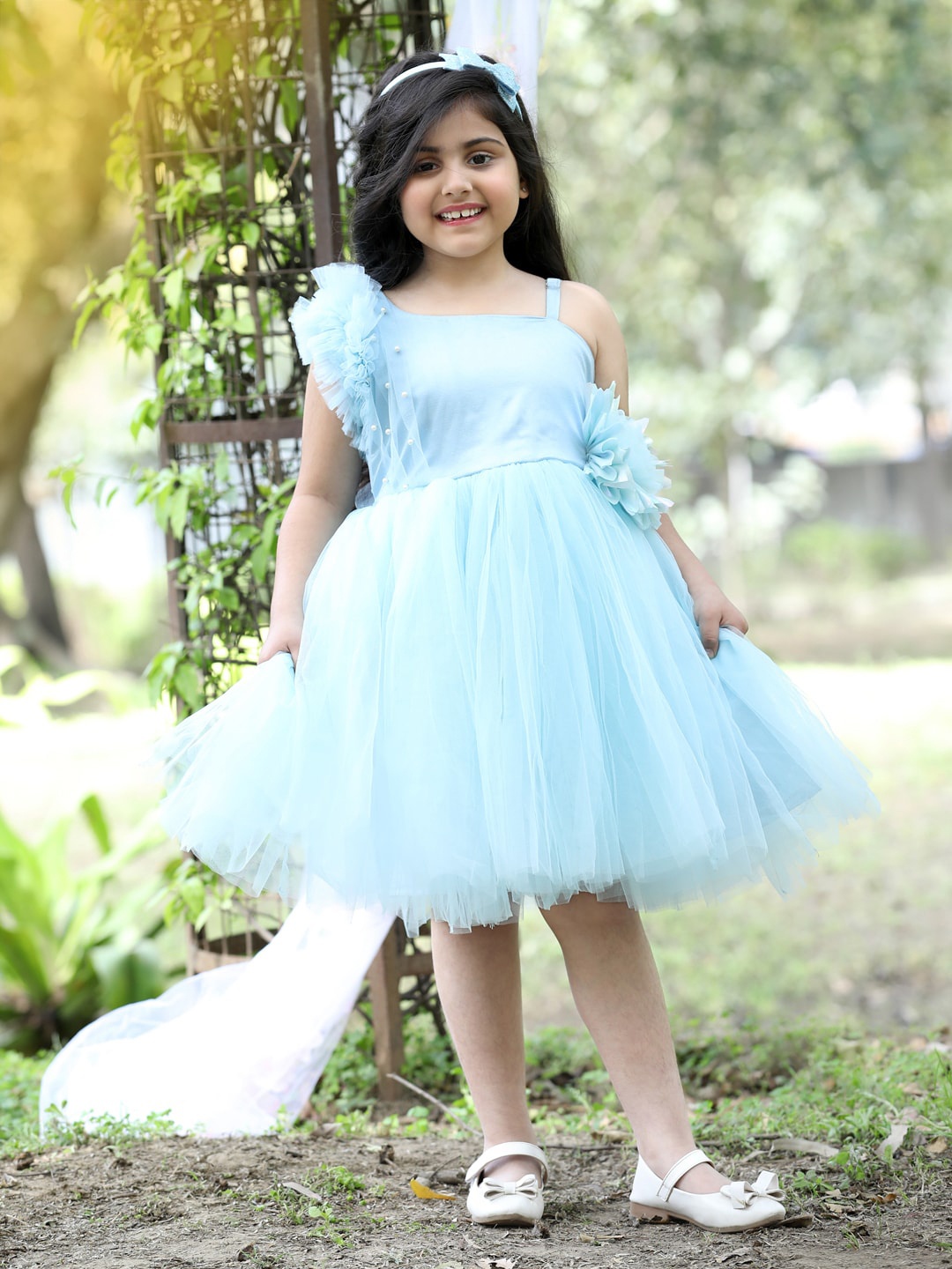 Stuffie Land Girls Embellished One Shoulder Net Fit & Flare Dress, Blue