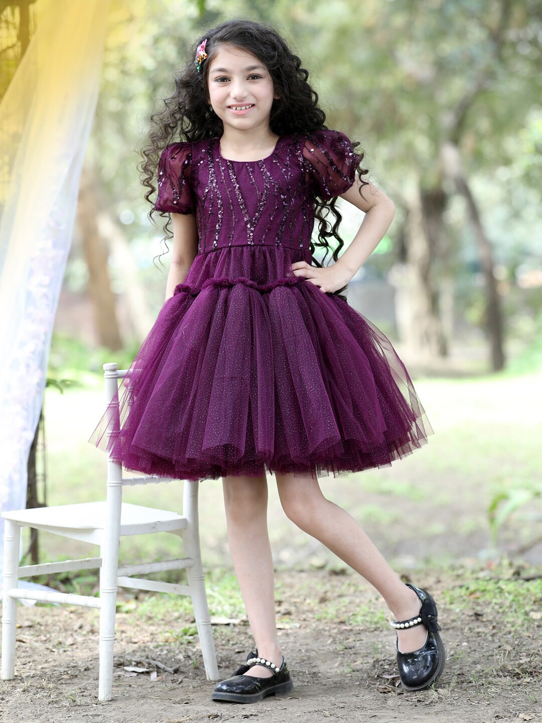 

Stuffie Land Girls Embellished Puff Sleeves Net Fit & Flare Dress, Burgundy
