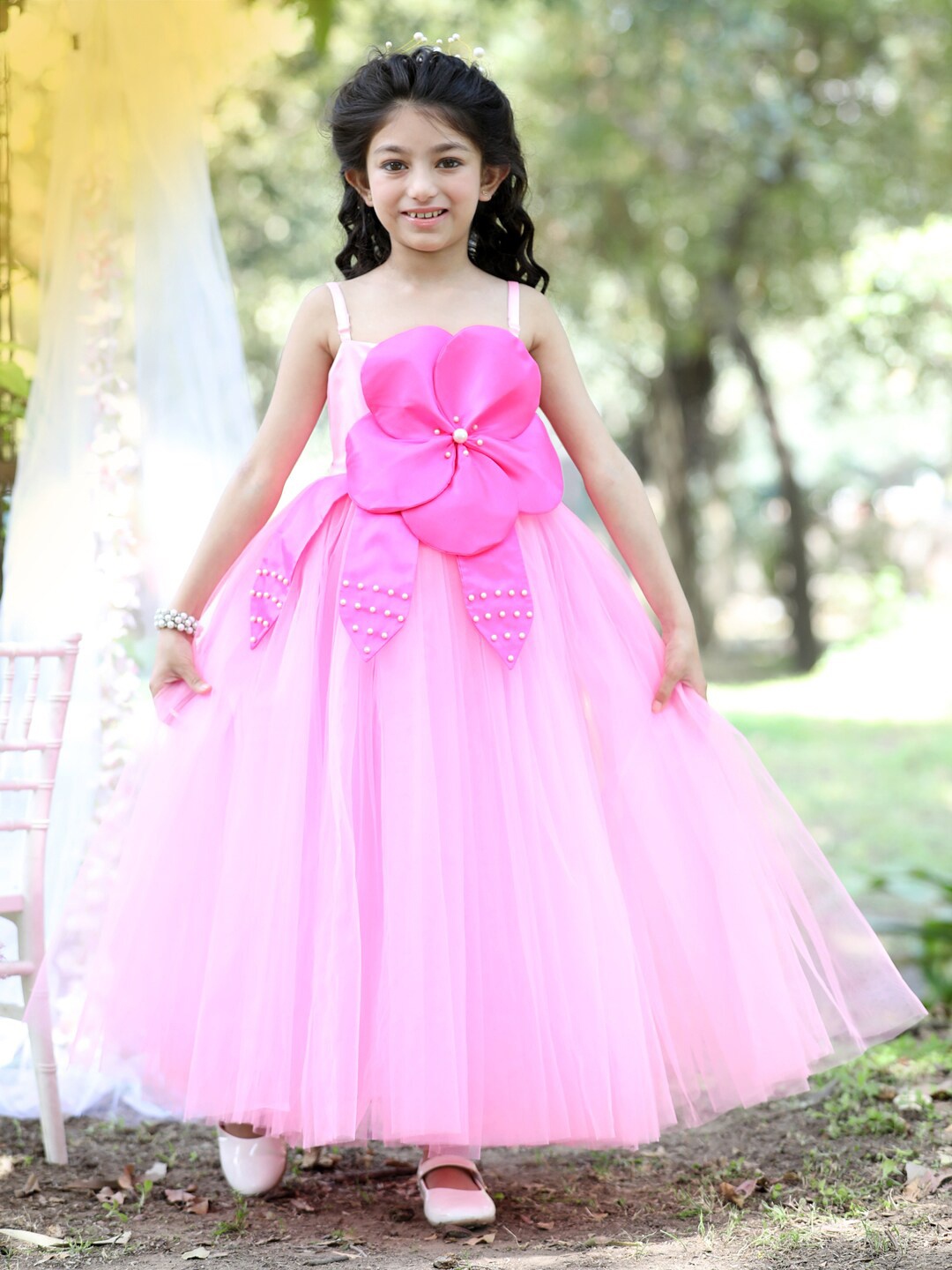 

Stuffie Land Girls Shoulder Straps Applique Net Maxi Dress, Pink