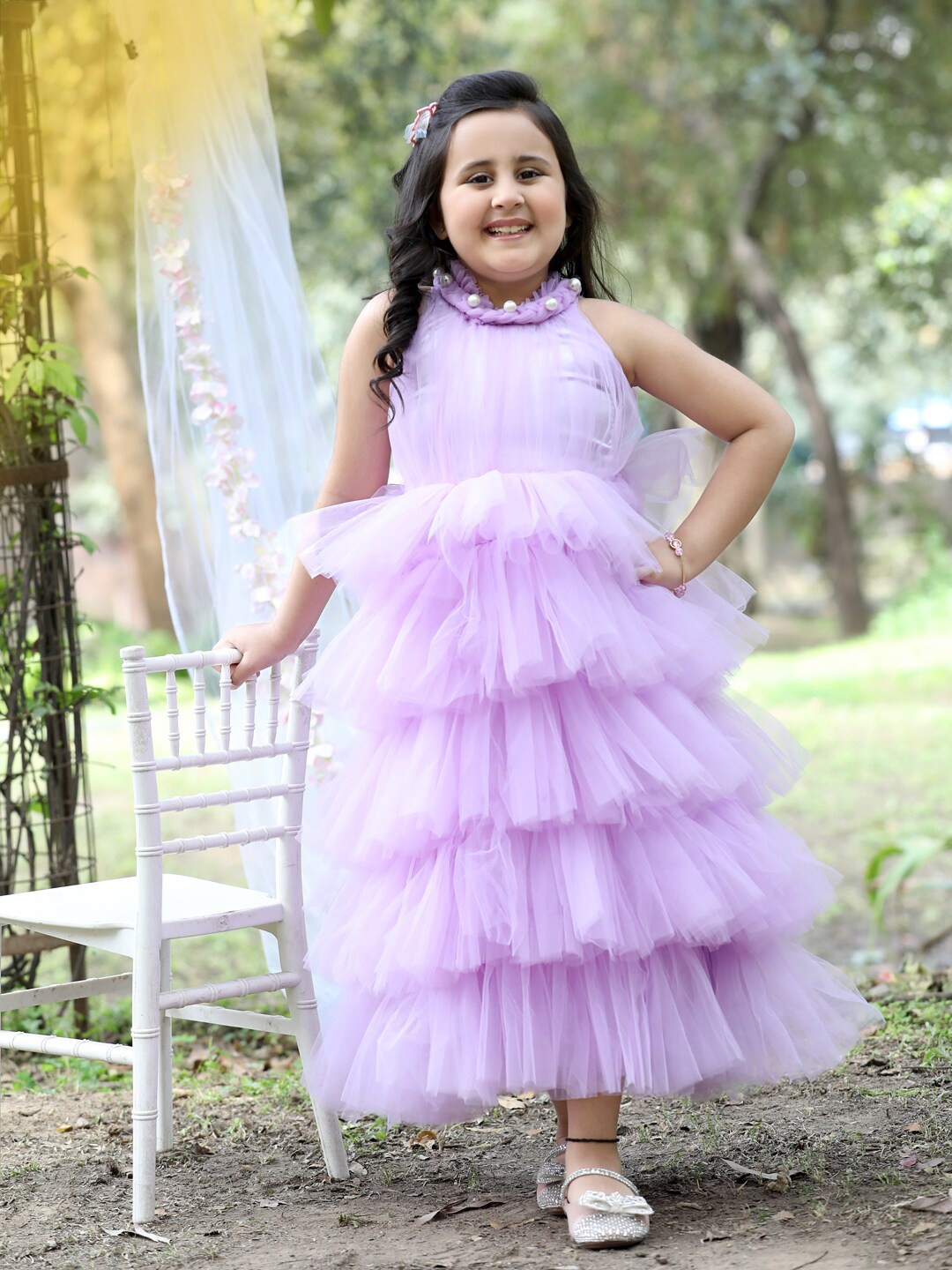 

Stuffie Land Girls High Neck Layered Net Fit & Flare Dress, Lavender