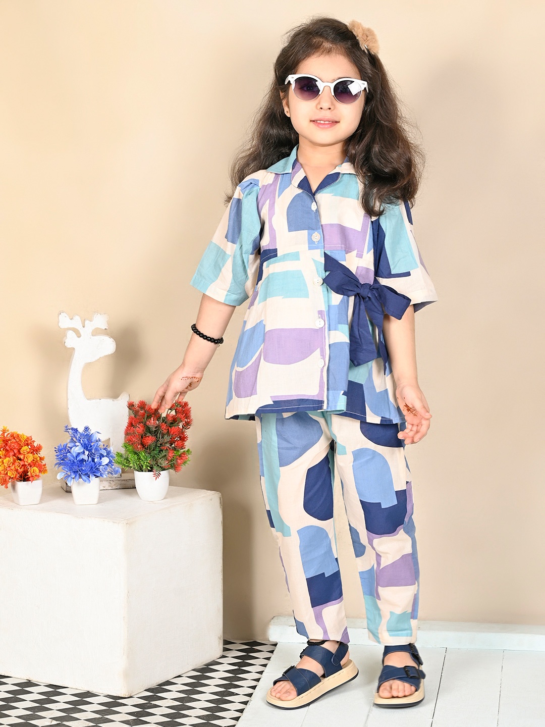 

Superminis Girls Printed Pur Cotton Top with Trousers, Navy blue