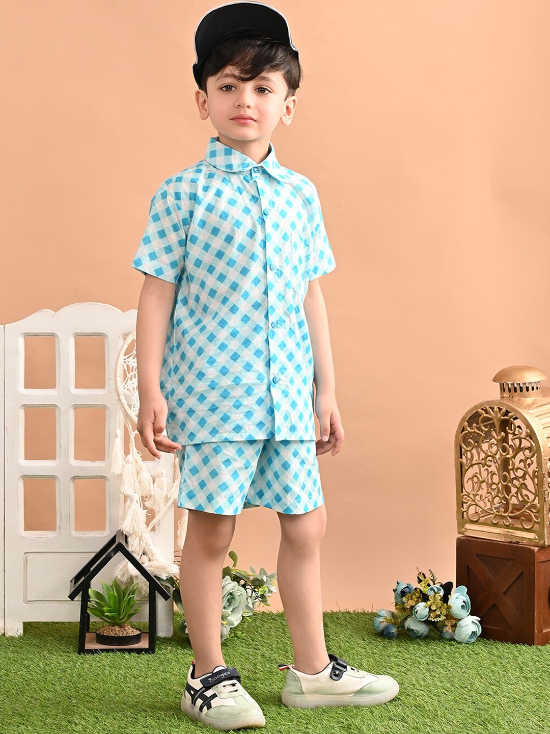 Superminis Boys Checked Pure Cotton T-shirt With Shorts, Blue