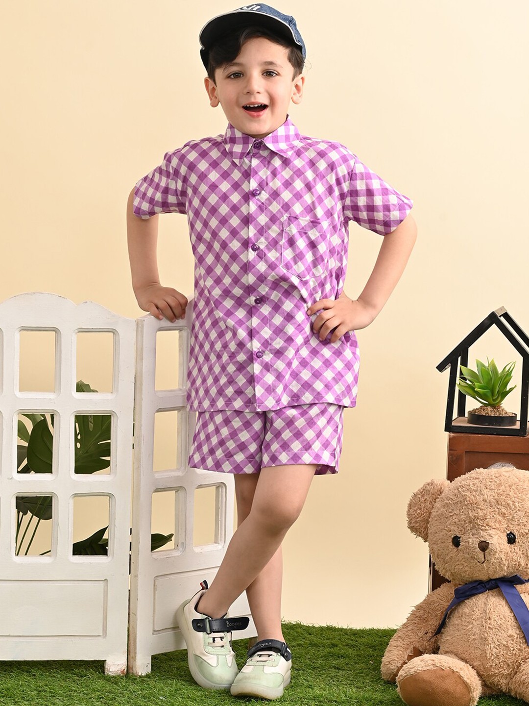 

Superminis Boys Shirt Collar Checked Pure Cotton Clothing Set, Purple
