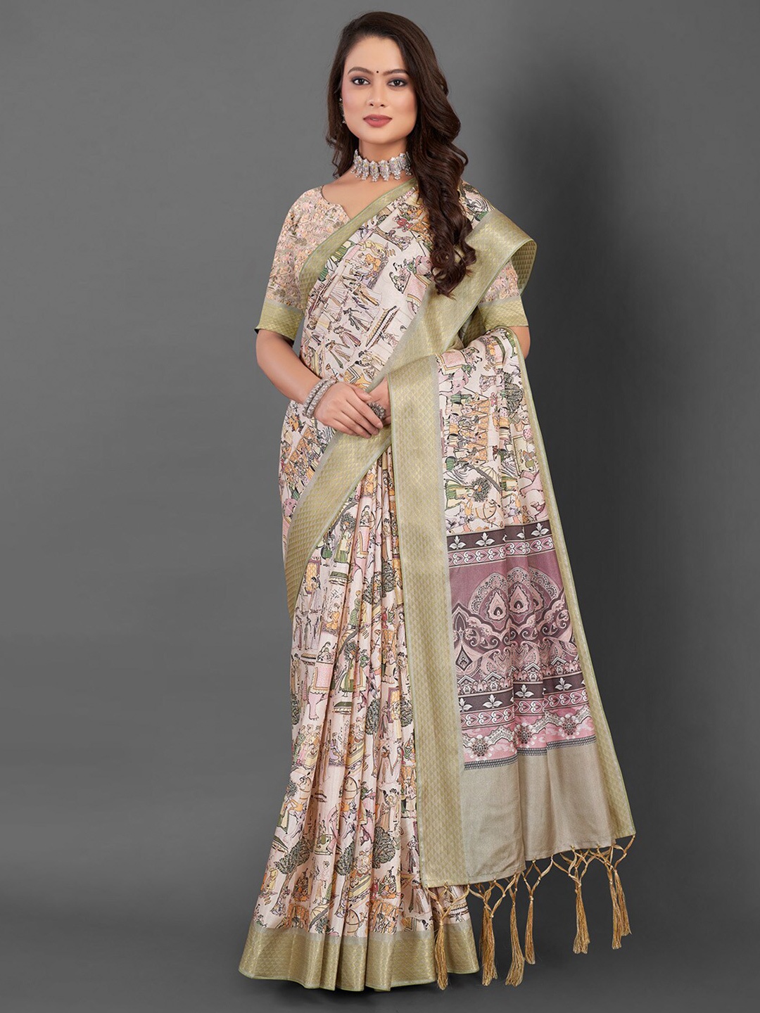 

Mitera Ethnic Motifs Printed Zari Sungudi Saree, Beige