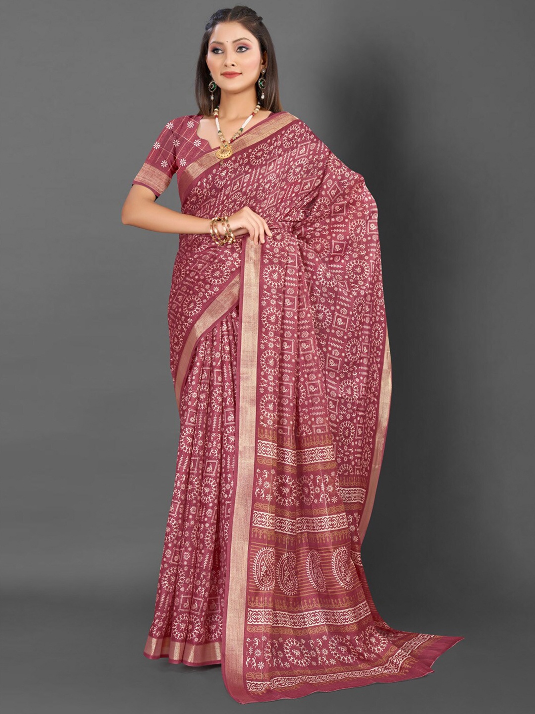 

Mitera Warli Zari Bagru Saree, Rose gold