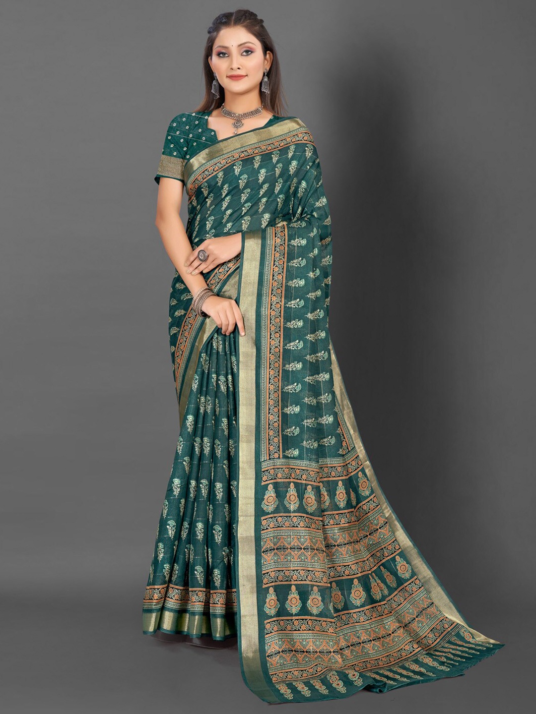 

Mitera Bagh Zari Bagru Saree, Teal