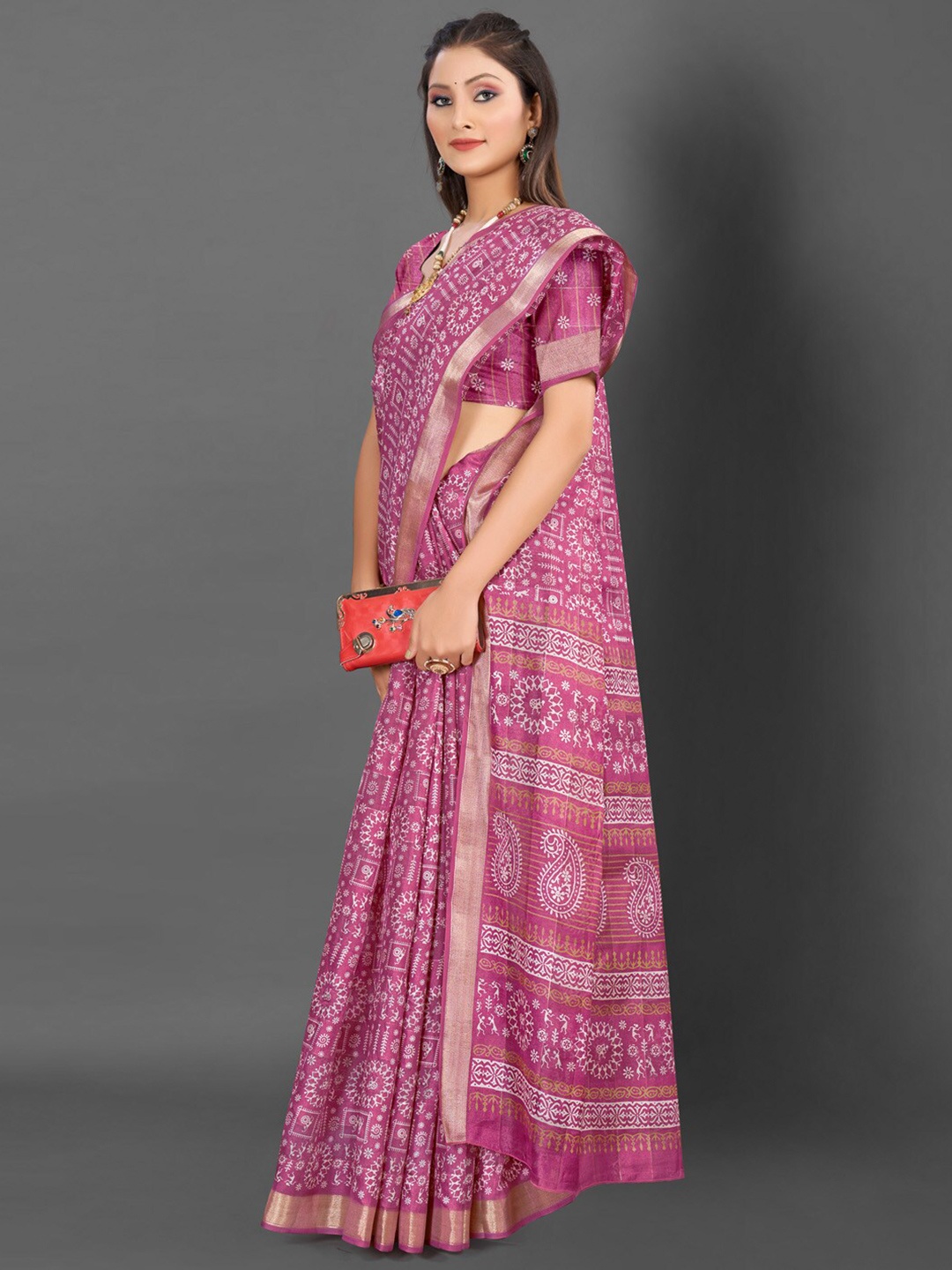 

Mitera Warli Printed Zari Bagru Saree, Mauve
