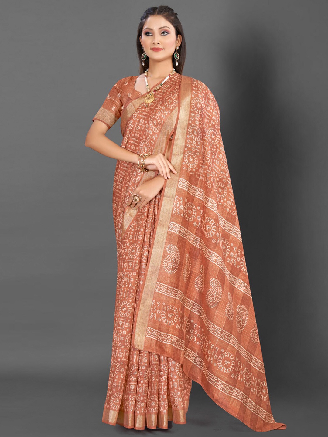 

Mitera Warli Printed Zari Bagru Saree, Peach