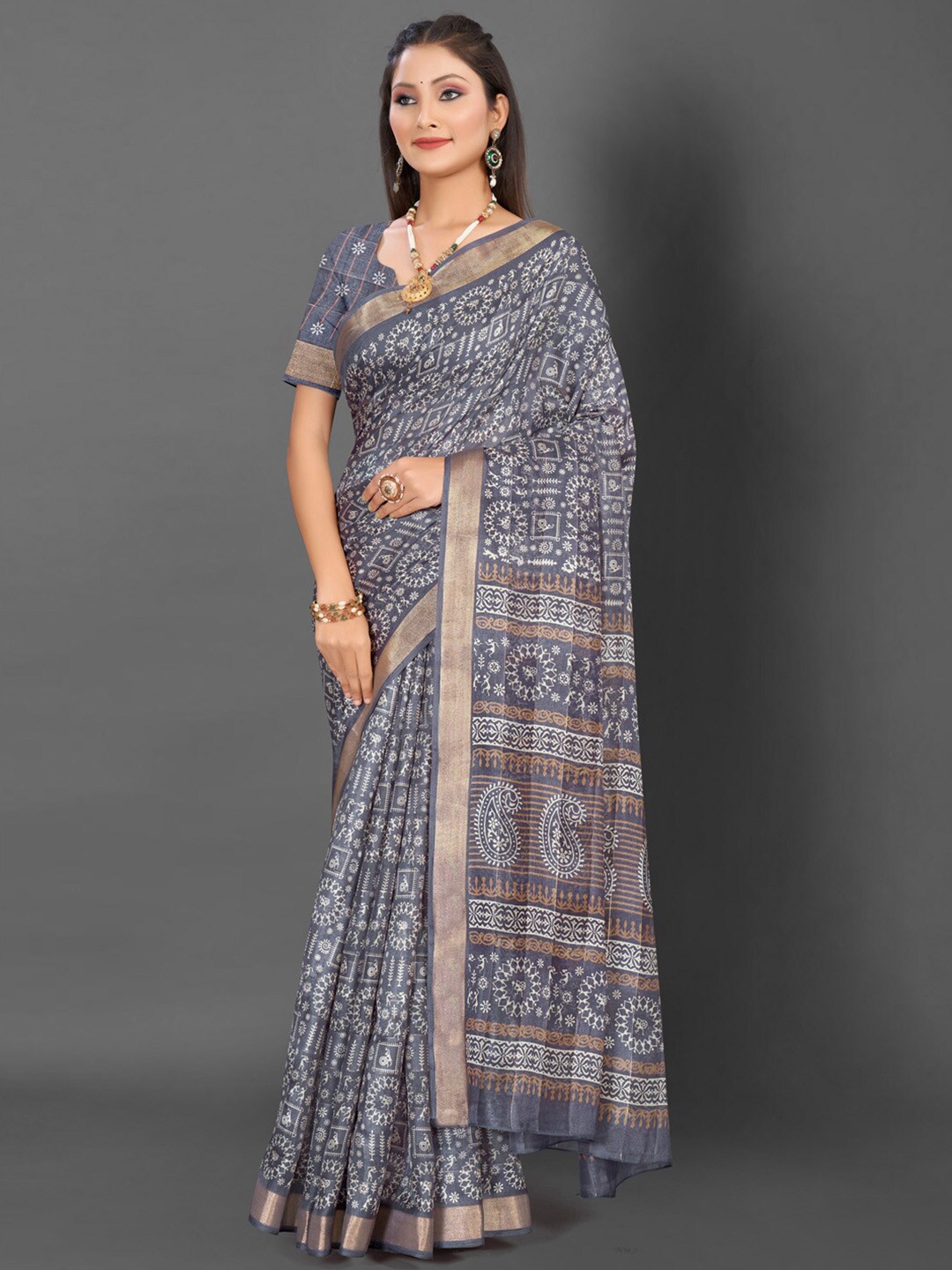 

Mitera Warli Printed Zari Bagru Saree, Grey