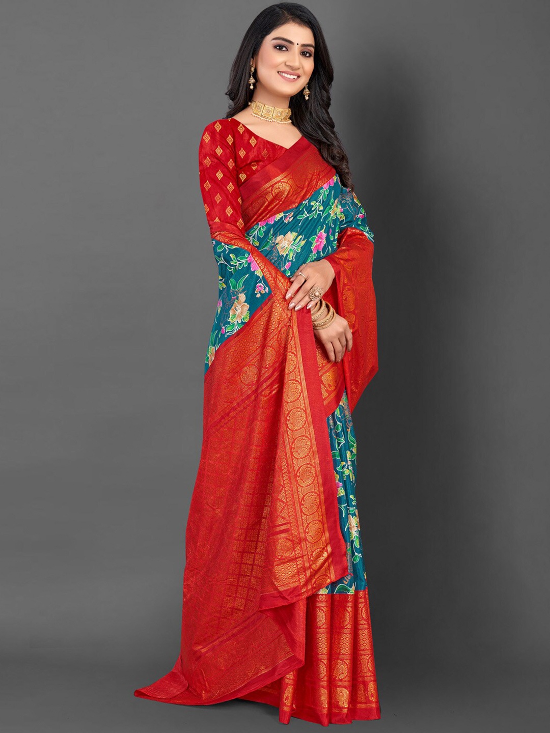 Mitera Floral Printed Zari Sungudi Saree, Teal