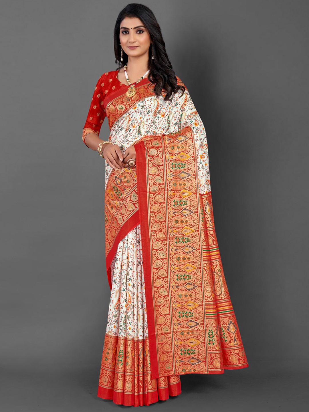 

Mitera Ethnic Motifs Zari Sungudi Saree, Off white