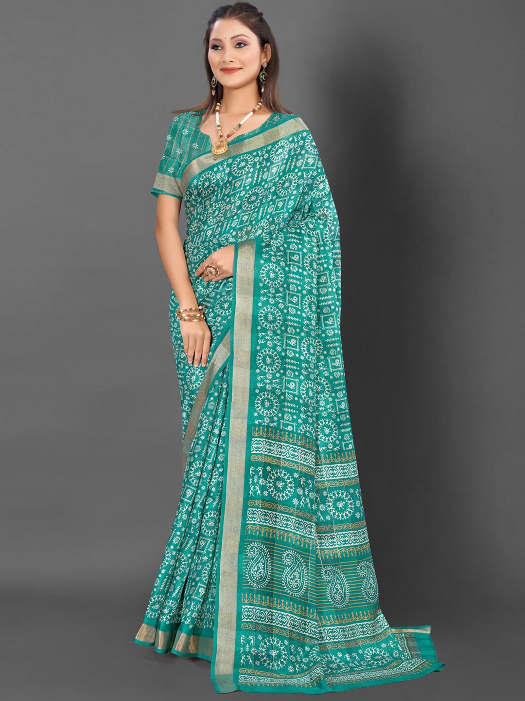 

Mitera Warli Printed Zari Bagru Saree, Blue