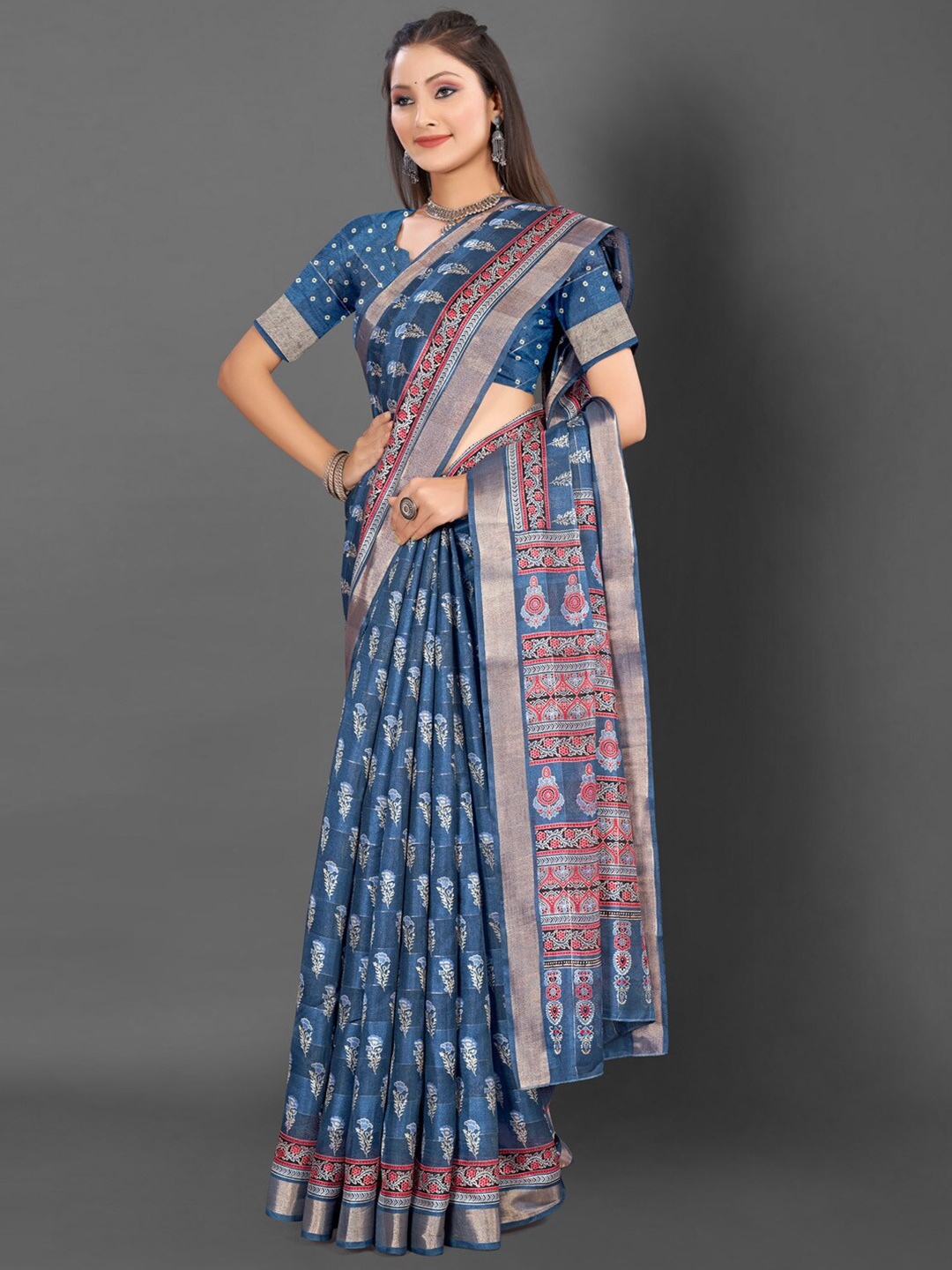 

Mitera Bagh Printed Zari Bagru Saree, Teal