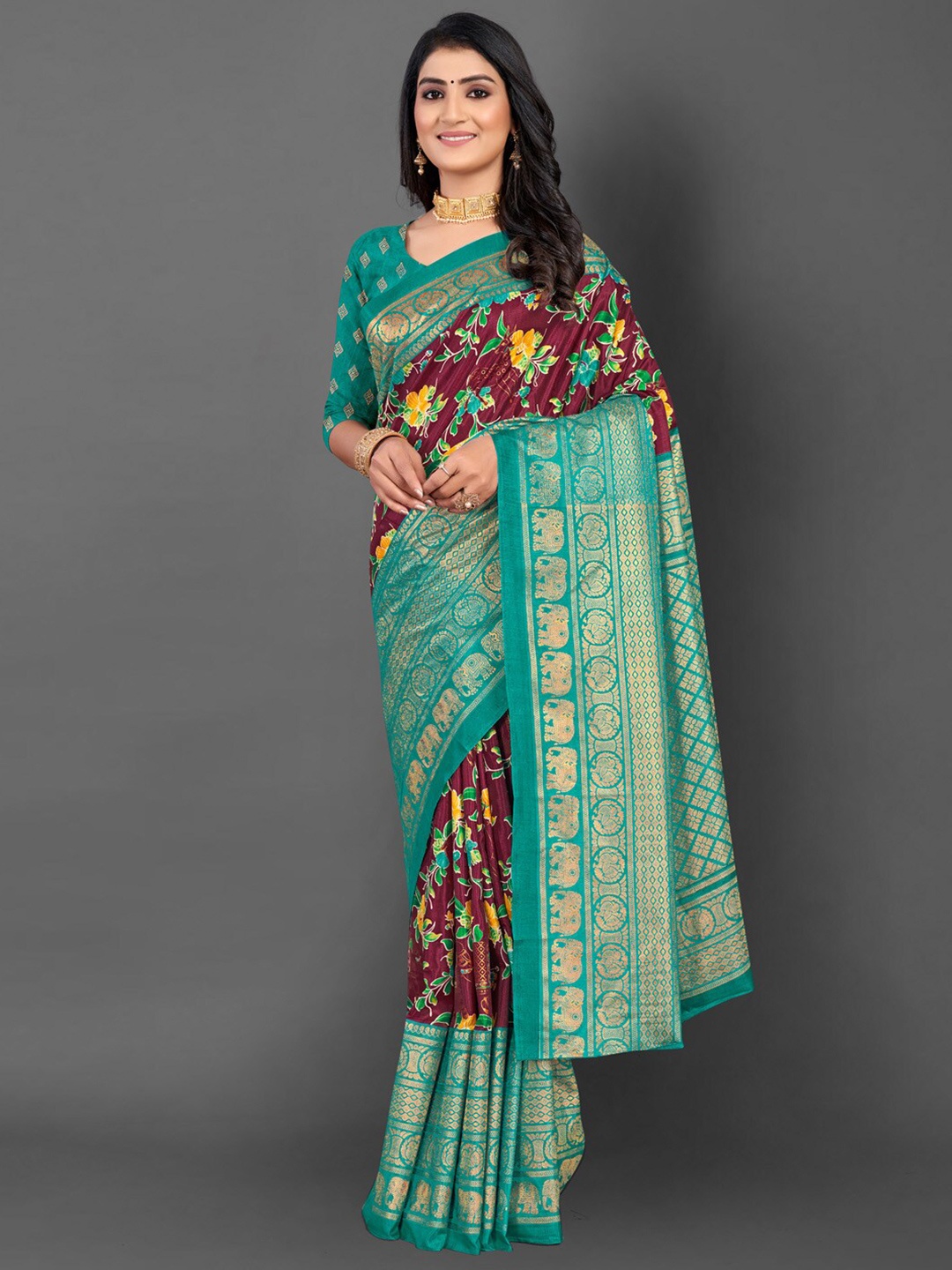 

Mitera Floral Printed Zari Sungudi Saree, Burgundy