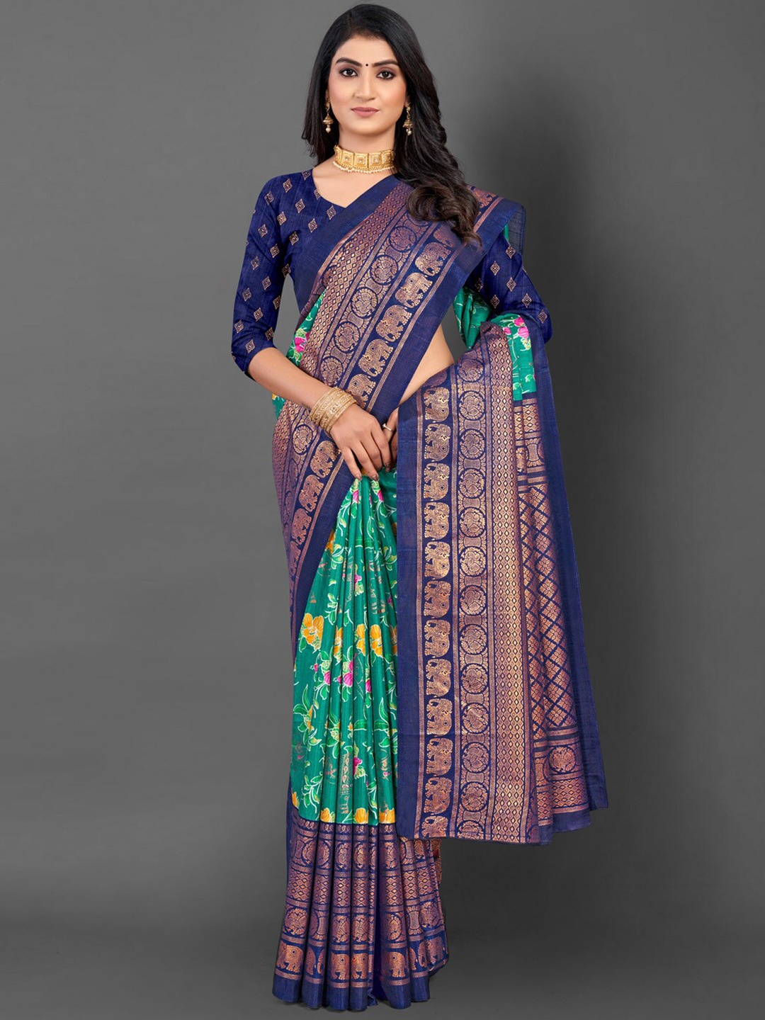 

Mitera Floral Woven Design Zari Saree, Teal