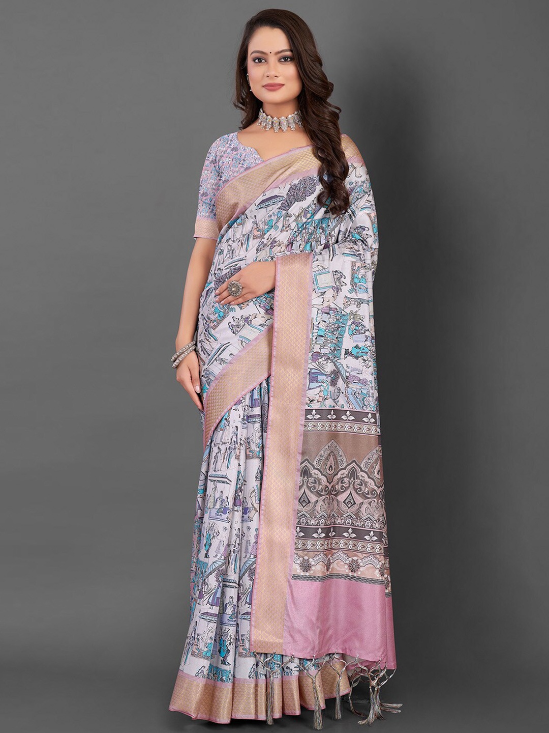 

Mitera Ethnic Motifs Printed Zari Saree, Off white