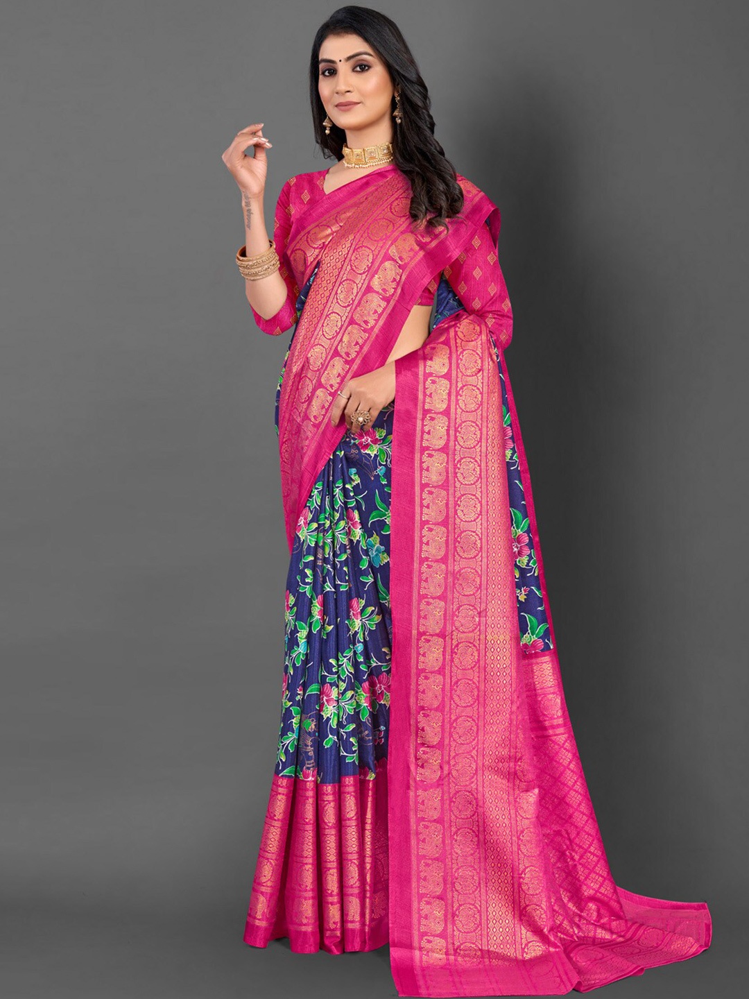 

Mitera Ethnic Motifs Zari Sungudi Saree, Pink