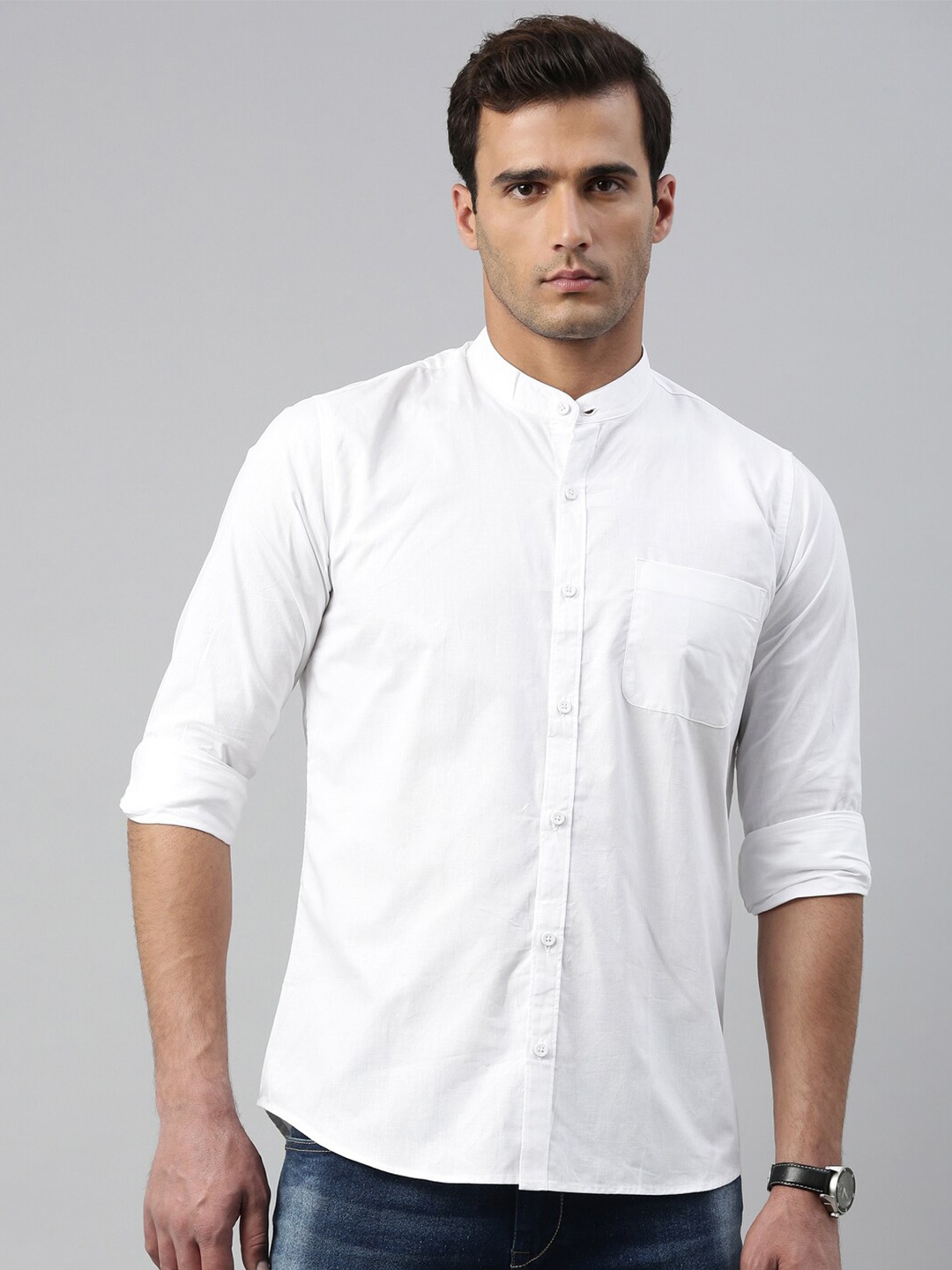 

WHITE HEART Mandarin Collar Pure Cotton Casual Shirt