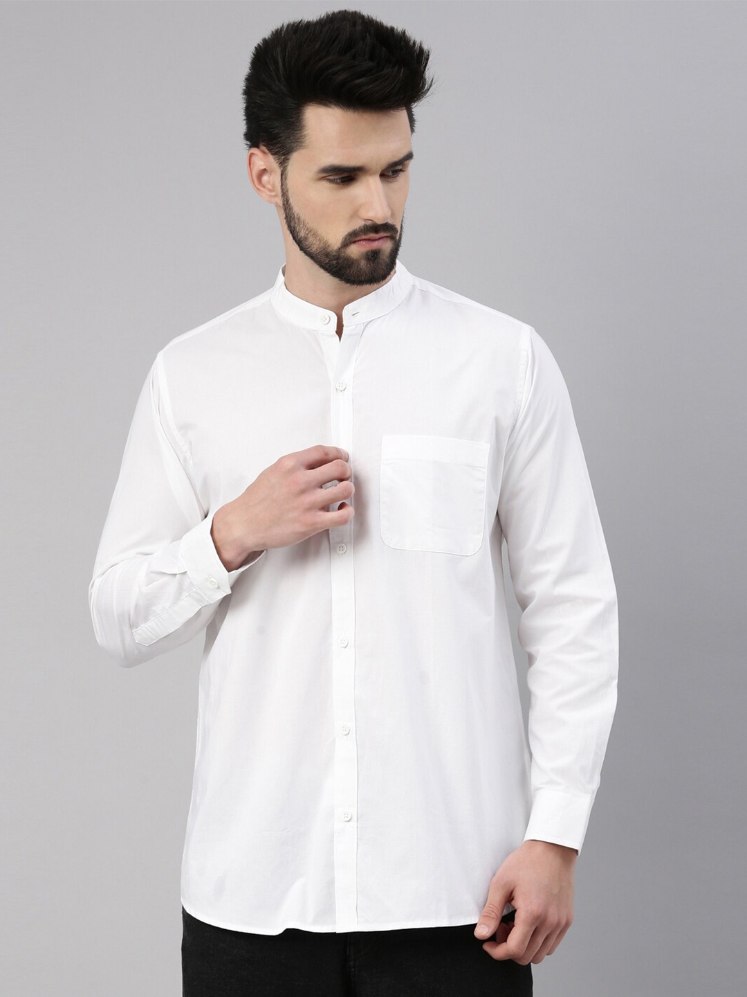 

WHITE HEART Mandarin Collar Pure Cotton Casual Shirt