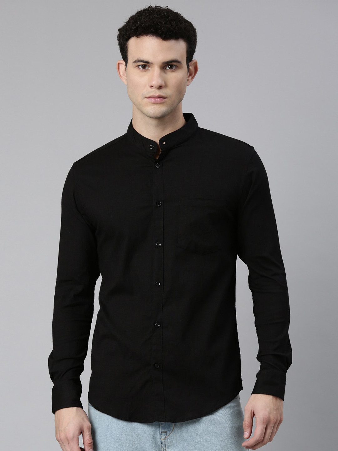 

WHITE HEART Mandarin Collar Pure Cotton Casual Shirt, Black