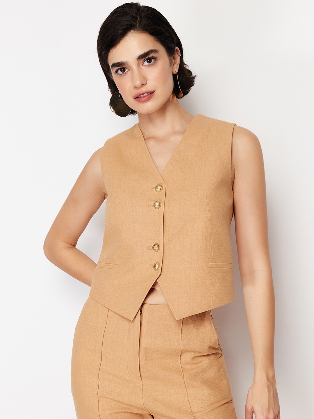 

Trendyol Pure Cotton V-Neck Waistcoat, Camel brown