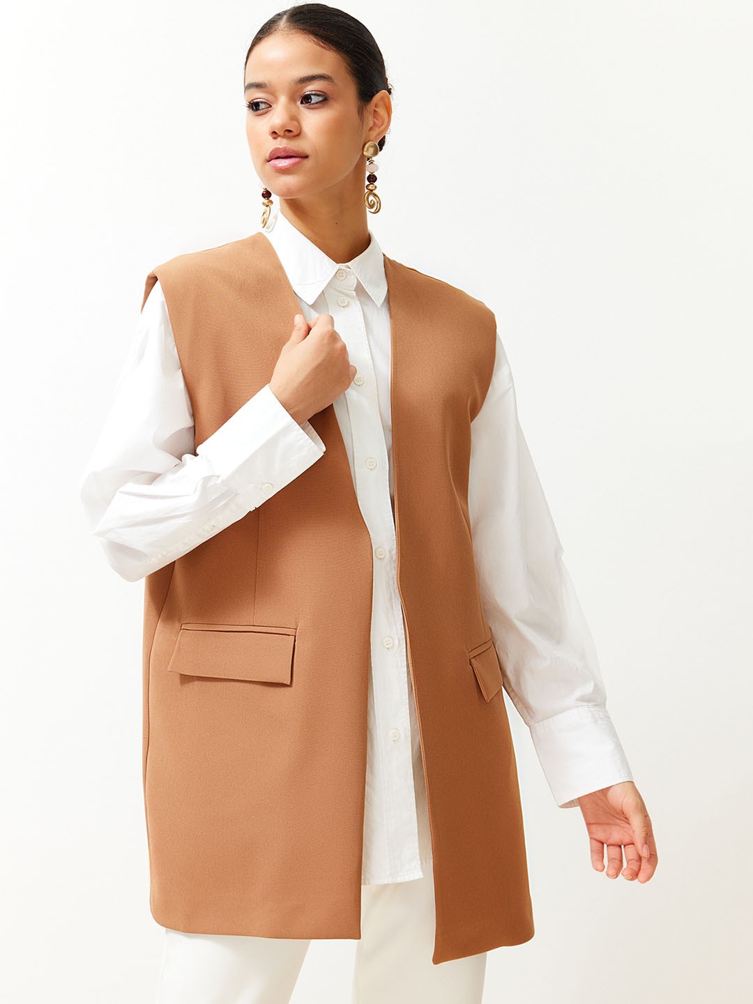 

Trendyol Sleeveless Longline Open Front Jacket, Brown