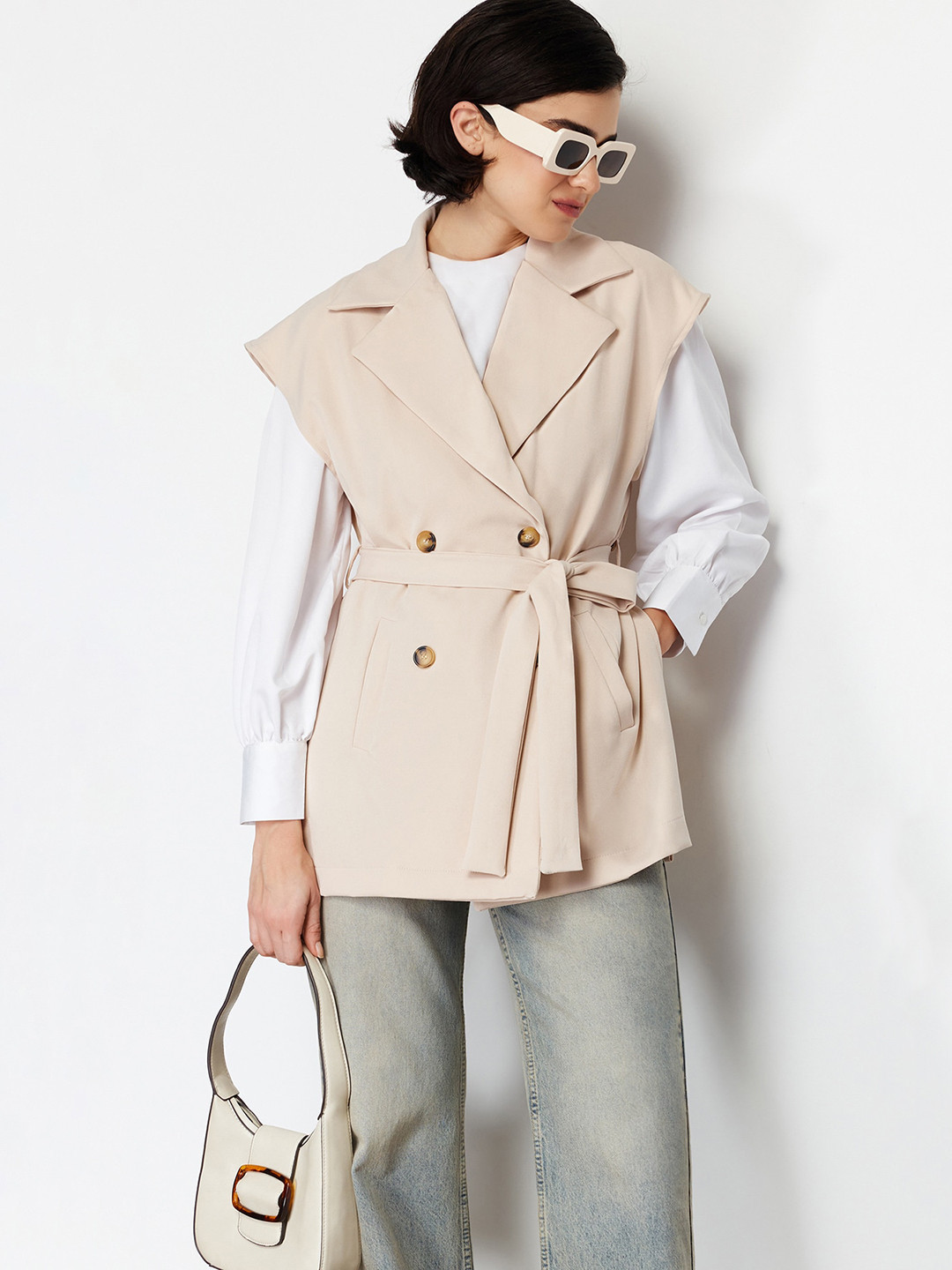 

Trendyol Double-Breasted Sleeveless Tie Up Overcoat, Beige