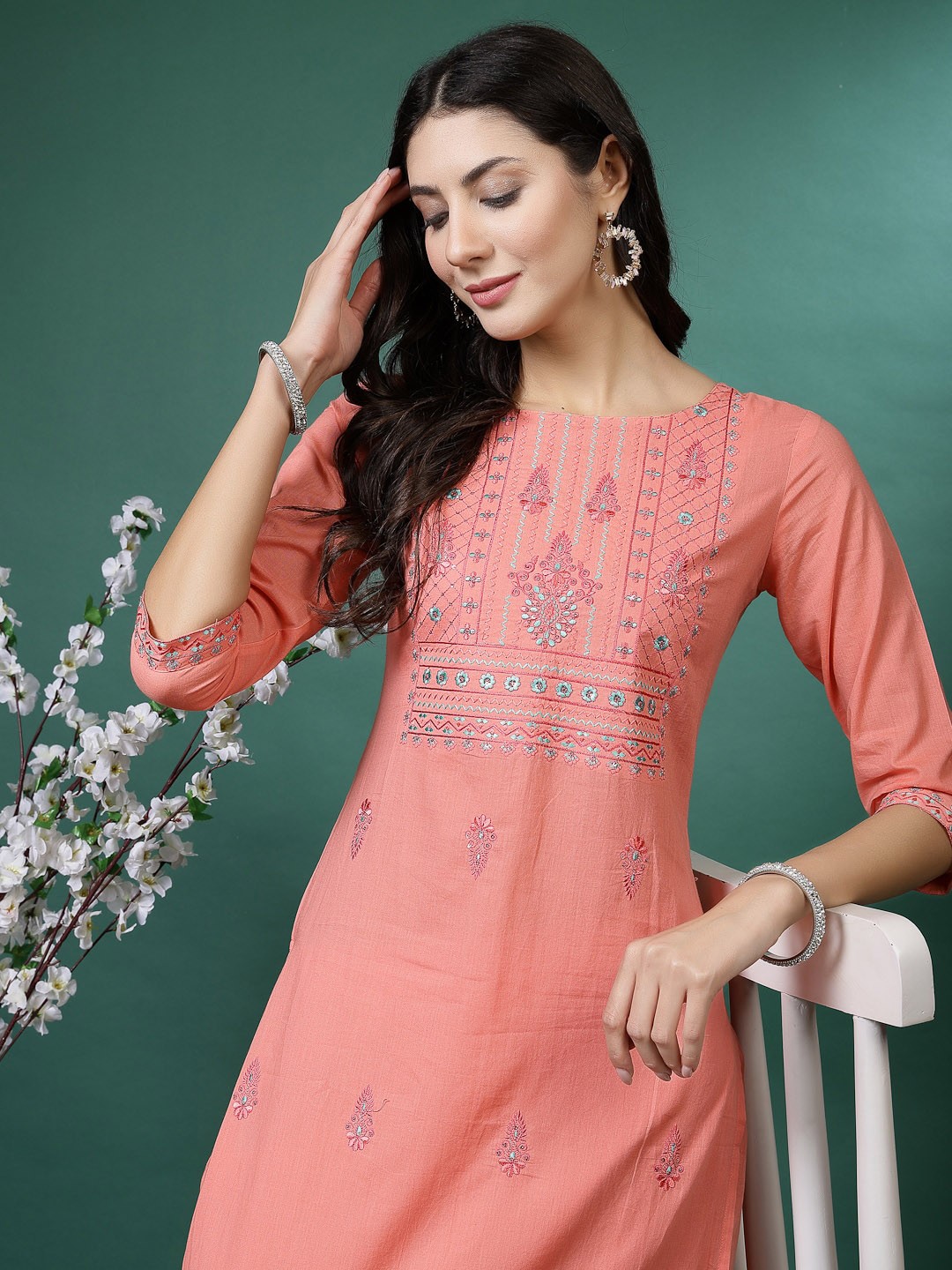 

Sangria Floral Embroidered Pure Cotton Straight Kurta With Trouser, Peach