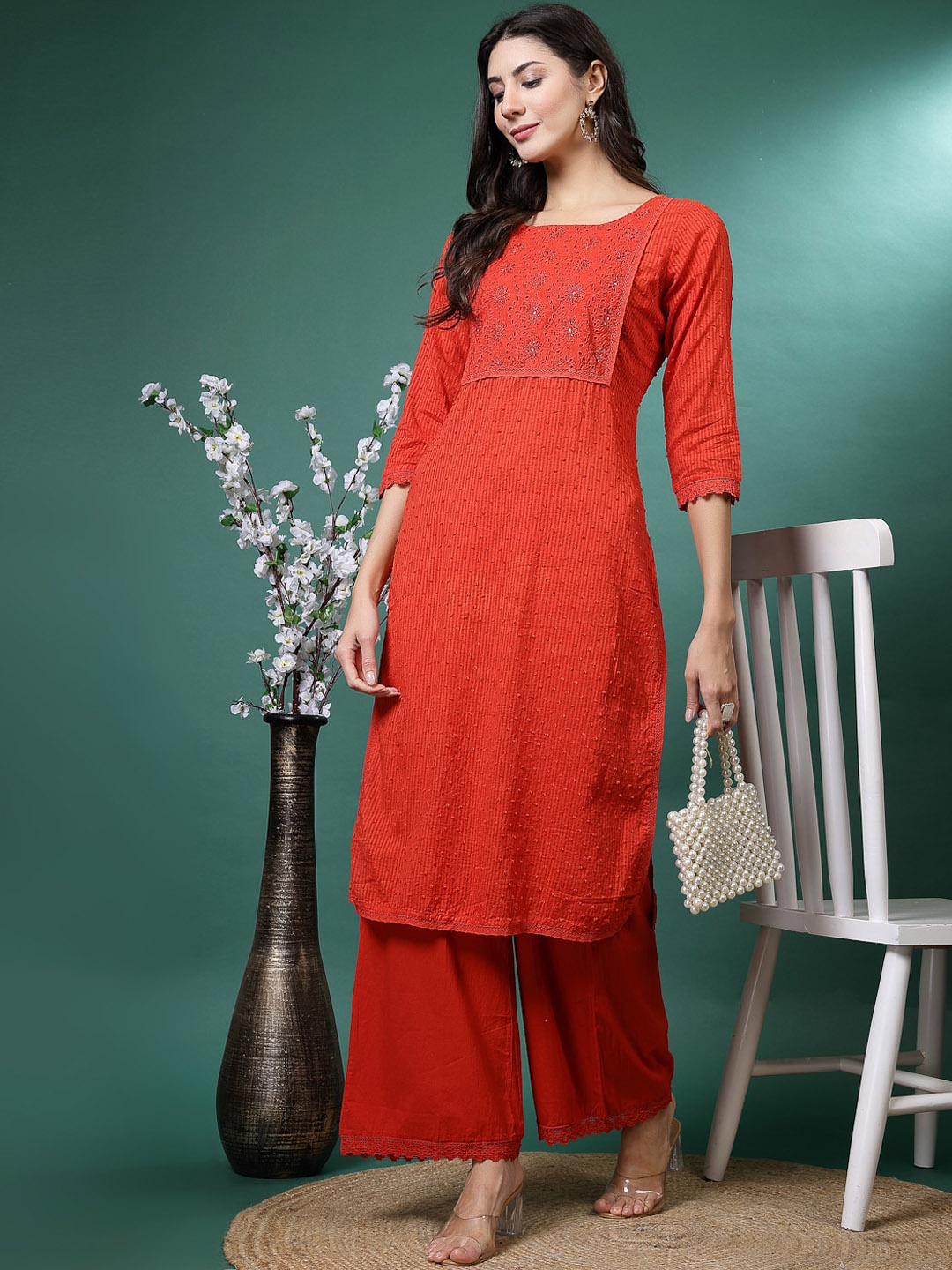 

Sangria Self Design Embellished Round Neck Pure Cotton Straight Kurta With Palazzo, Red