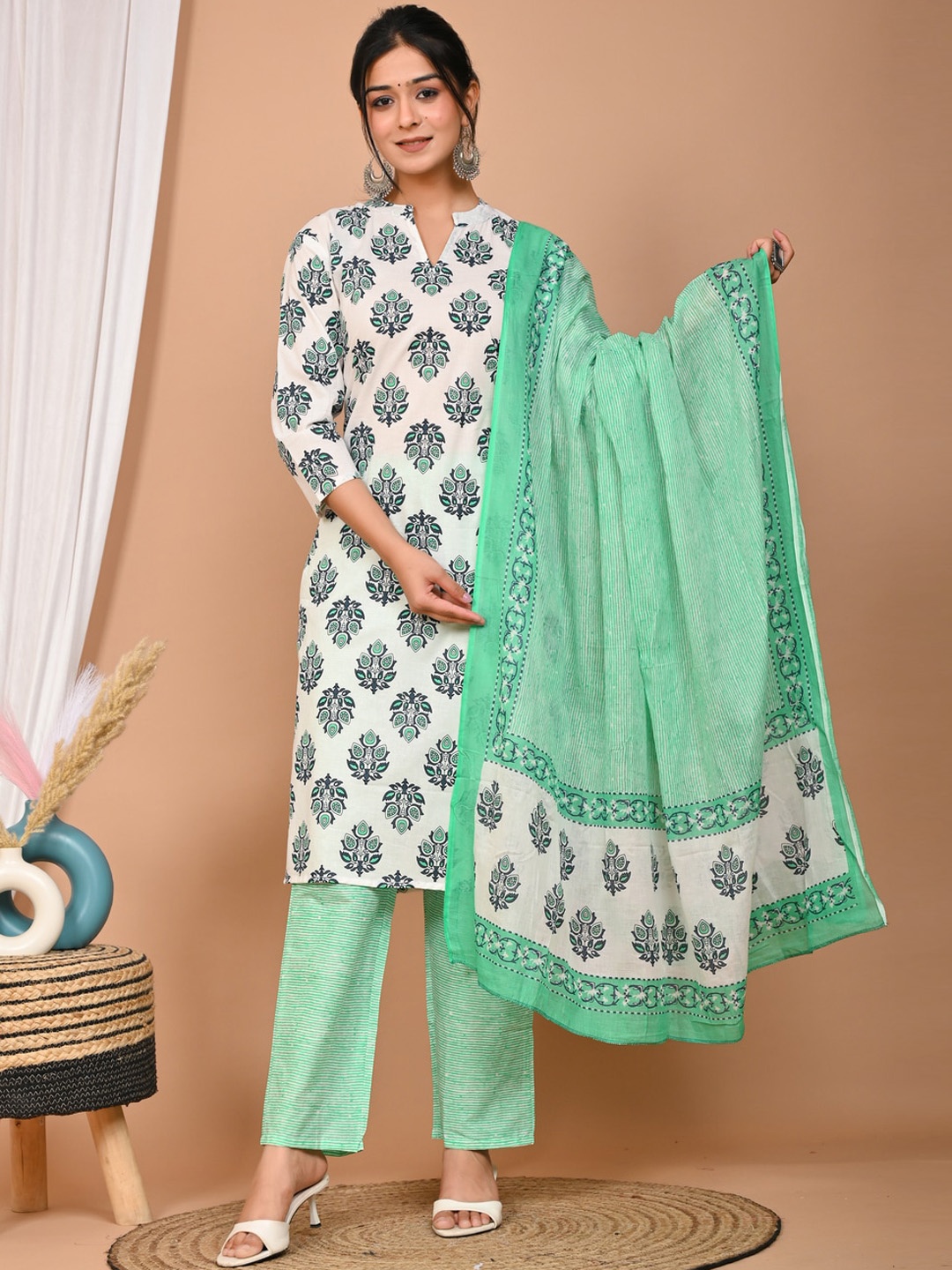 

KALINI Women Floral Printed Regular Thread Work Kurti with Trousers & With Dupatta, White