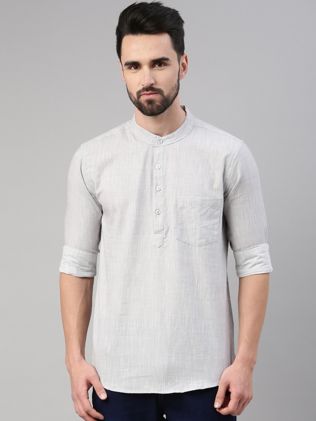 

WHITE HEART Mandarin Collar Long Sleeves Straight Kurta, Grey