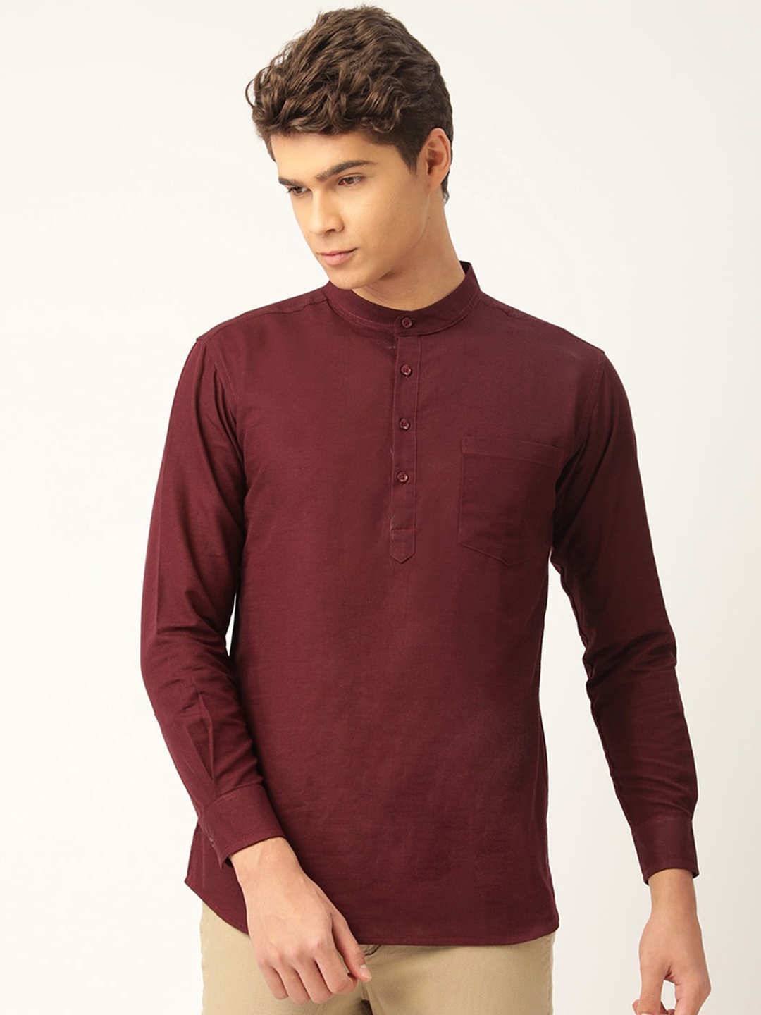 

WHITE HEART Men Mandarin Collar Long Sleeves Straight Kurta, Maroon