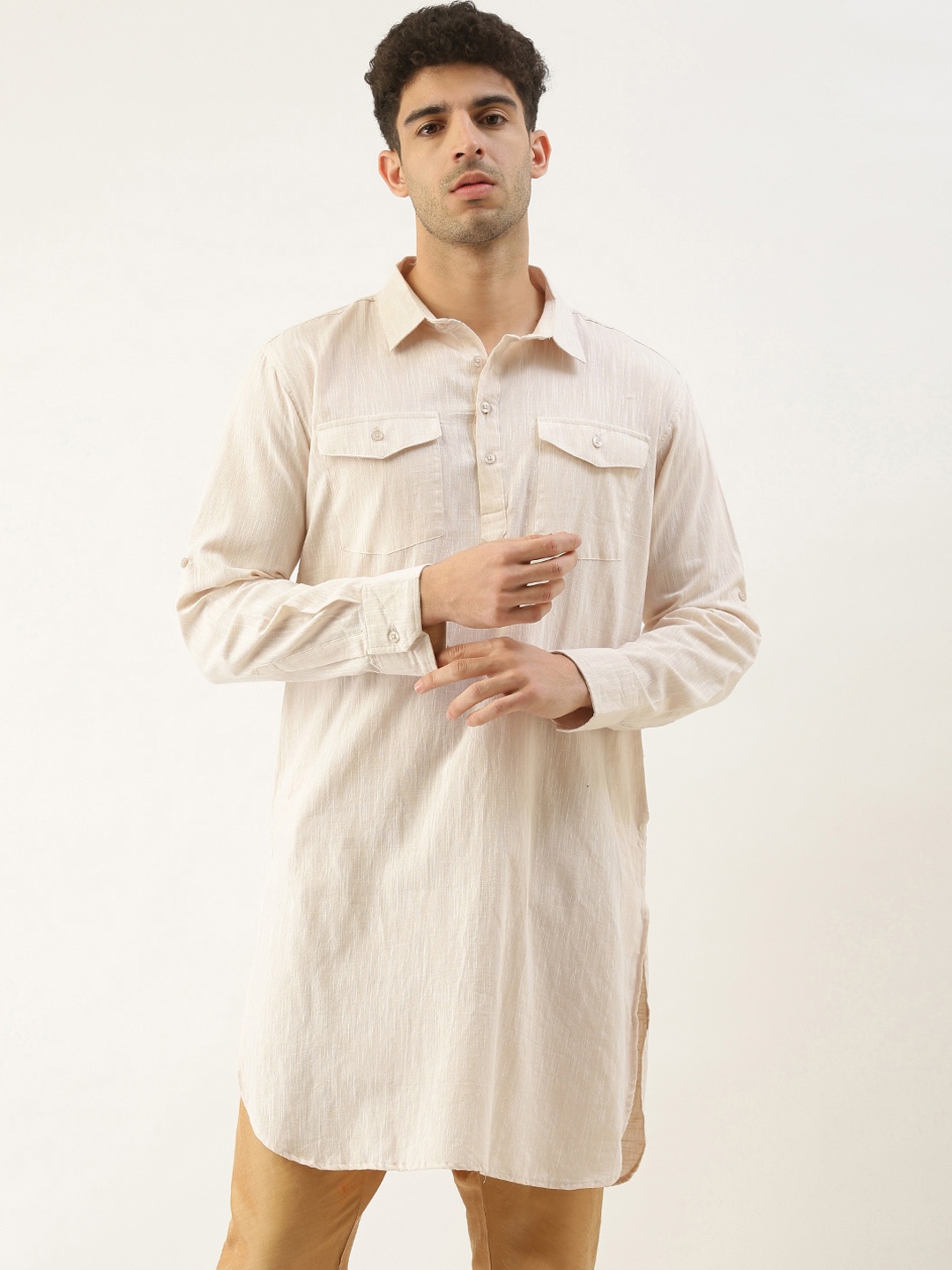 

WHITE HEART Shirt Collar Long Sleeves Pathani Kurta, Khaki