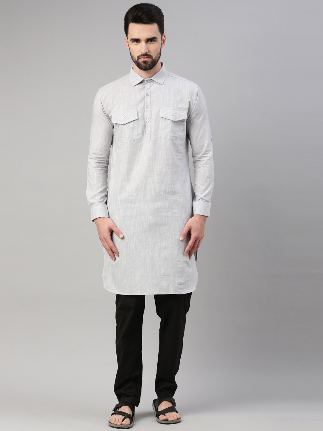 

WHITE HEART Solid Shirt Collar Long Sleeves Pathani Kurta, Grey