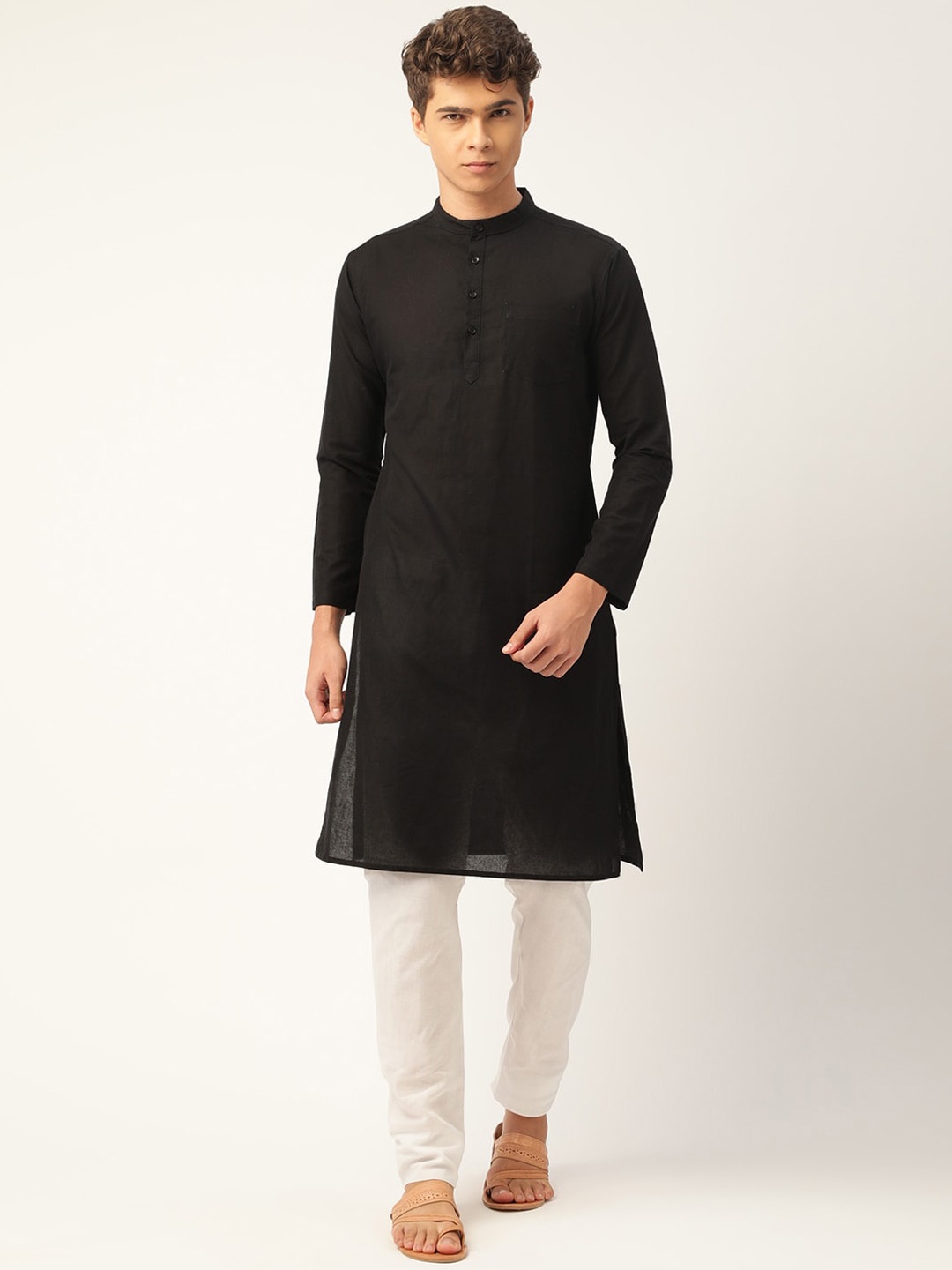 WHITE HEART Long Sleeves Mandarin Collar Cotton Straight Kurta, Black
