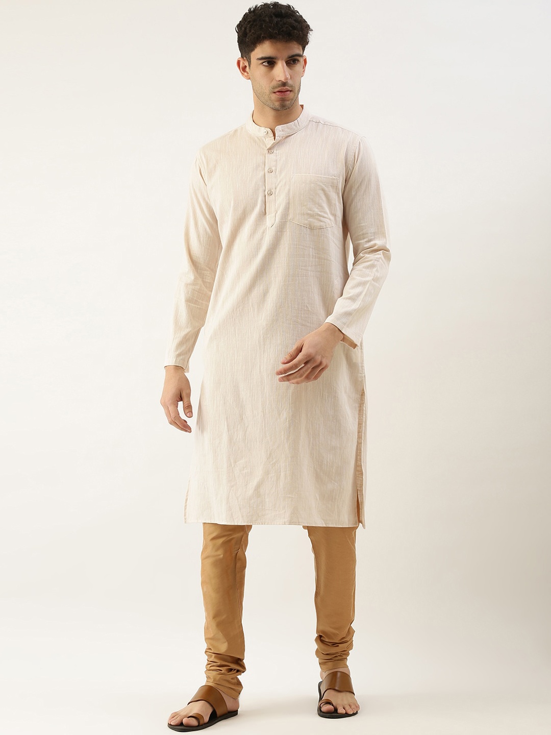 

WHITE HEART Long Sleeves Mandarin Collar Cotton Thread Work Kurta, Khaki