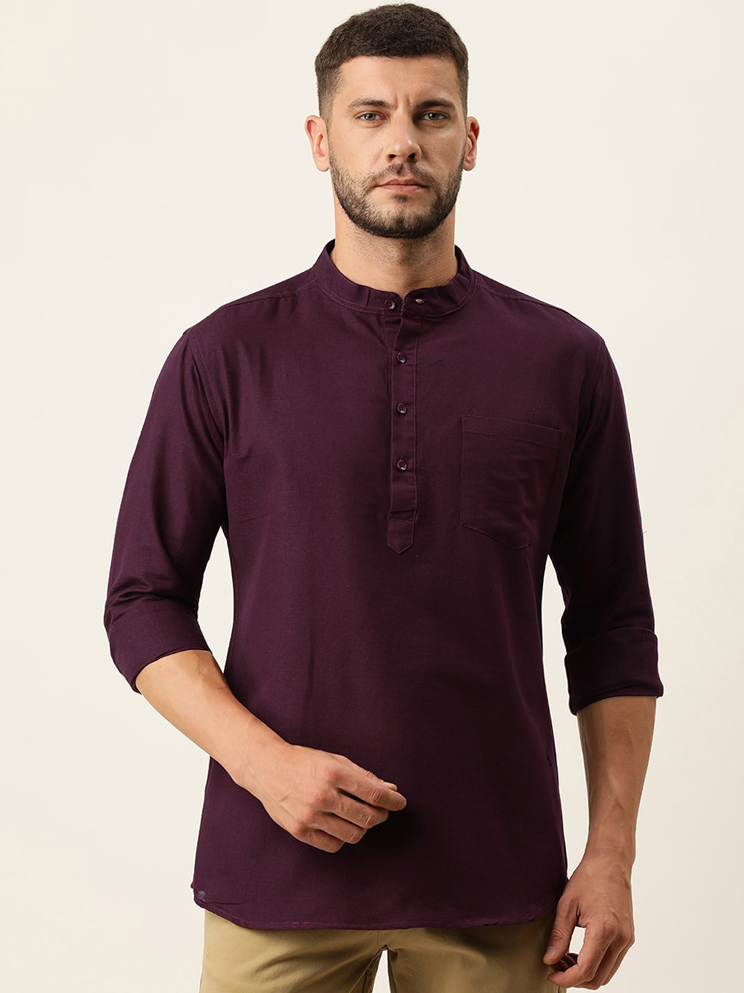 

WHITE HEART Long Sleeves Mandarin Collar Cotton Straight Kurta, Purple