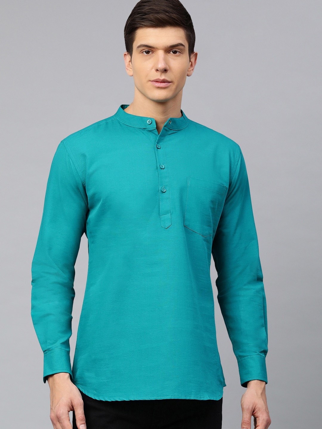 WHITE HEART Mandarin Collar Long Sleeves Straight Kurta, Teal