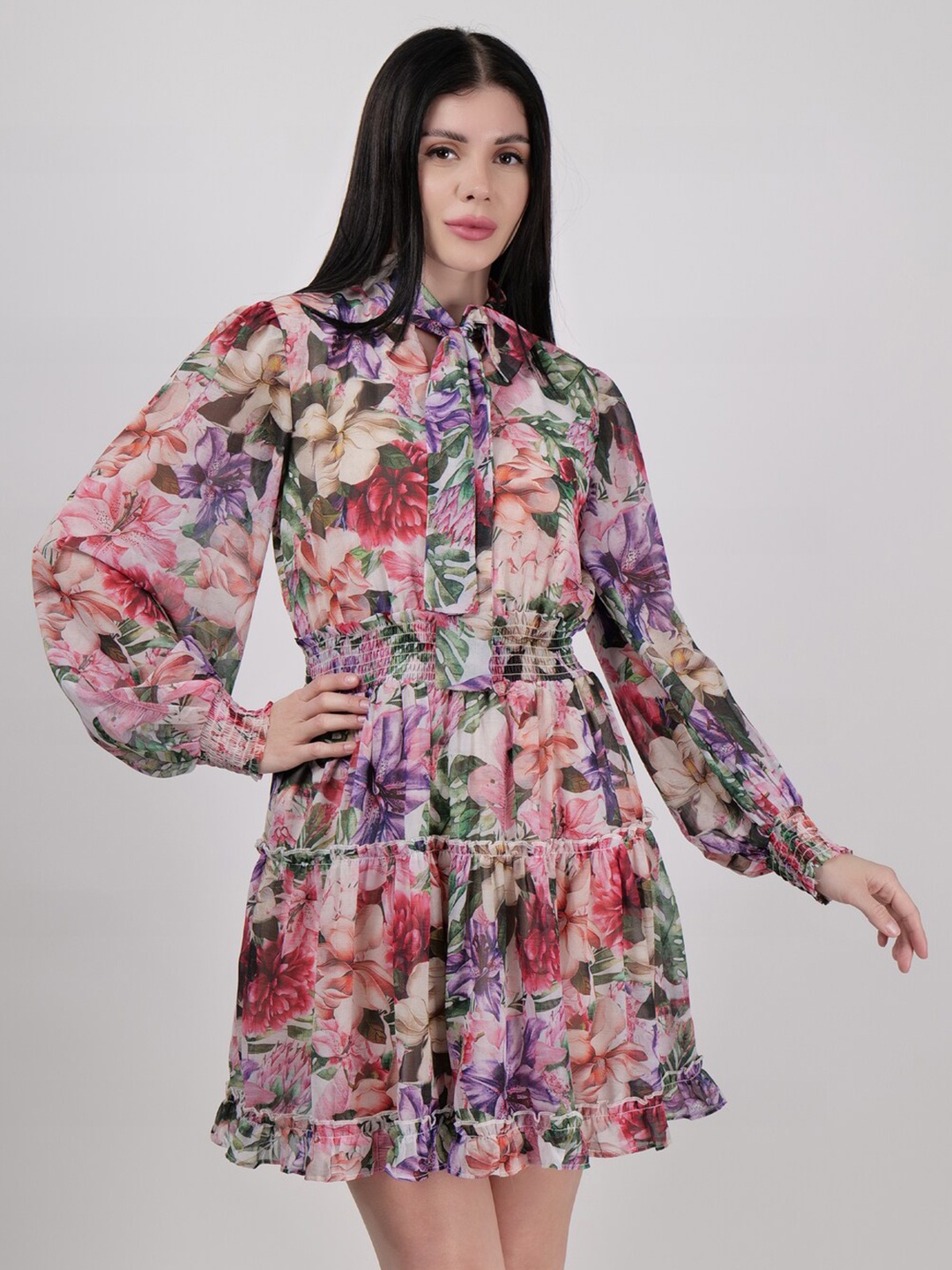 

DRIRO Floral Printed Mock Neck Flared Puff Sleeve Georgette Fit & Flare Mini Dress, Purple