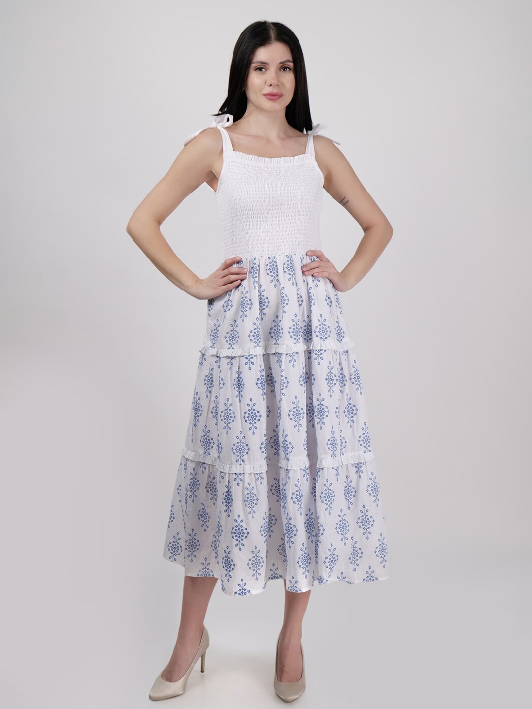 

DRIRO Floral Printed Shoulder Straps Cotton Flared Fit & Flare Midi Dress, White