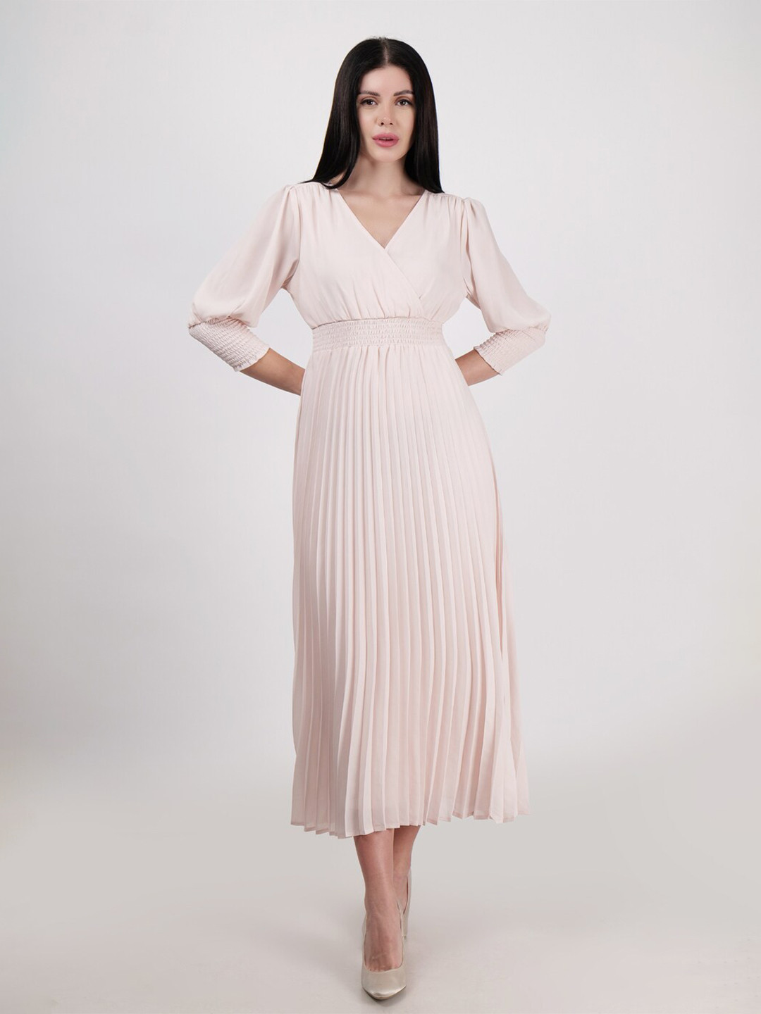 

DRIRO Striped Flared Sleeve V-Neck Empire Maxi Dress, Cream