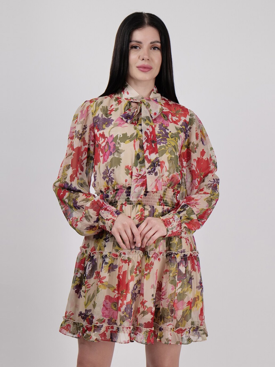 

DRIRO Floral Printed Tie-Up Neck Puff Sleeve Georgette A-Line Dress, Green
