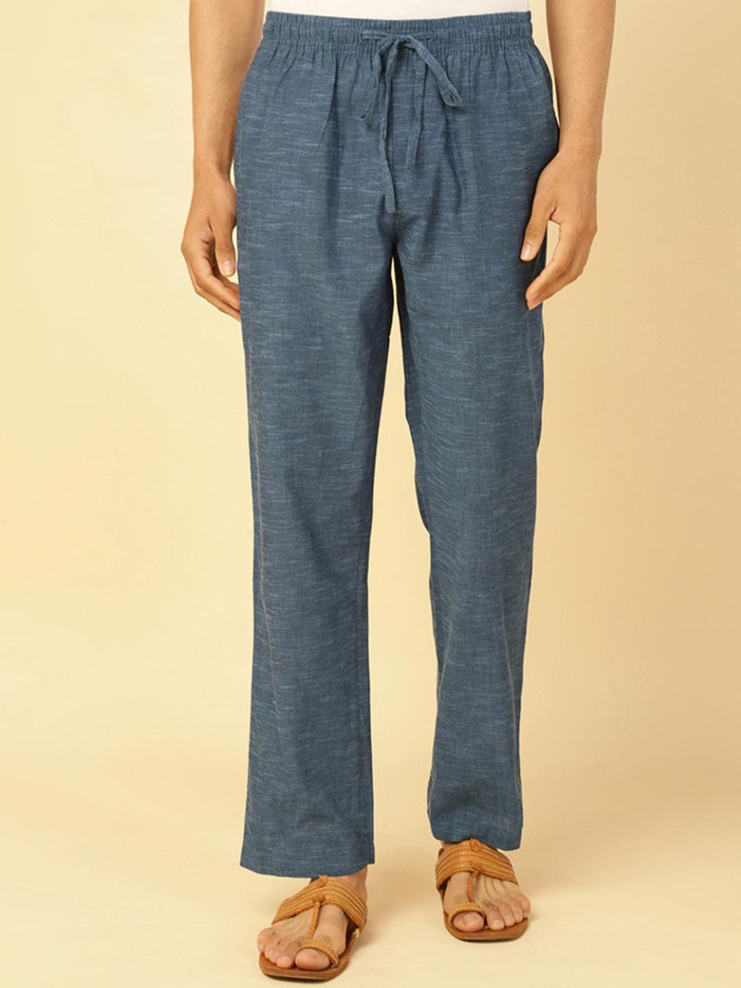 

Fabindia Men Mid-Rise Cotton Trousers, Blue